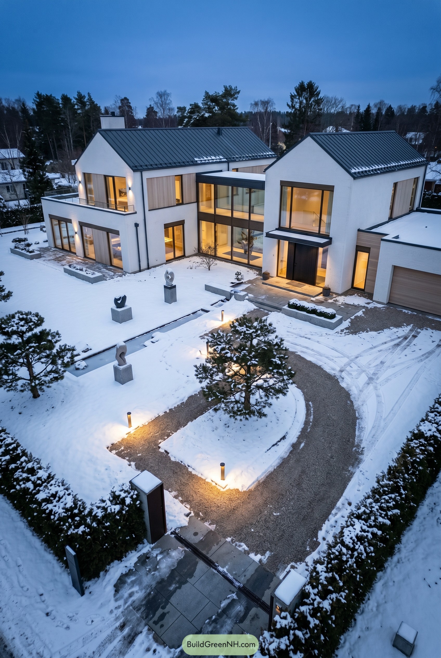 White brick Nordic mansion with twin gables in snow