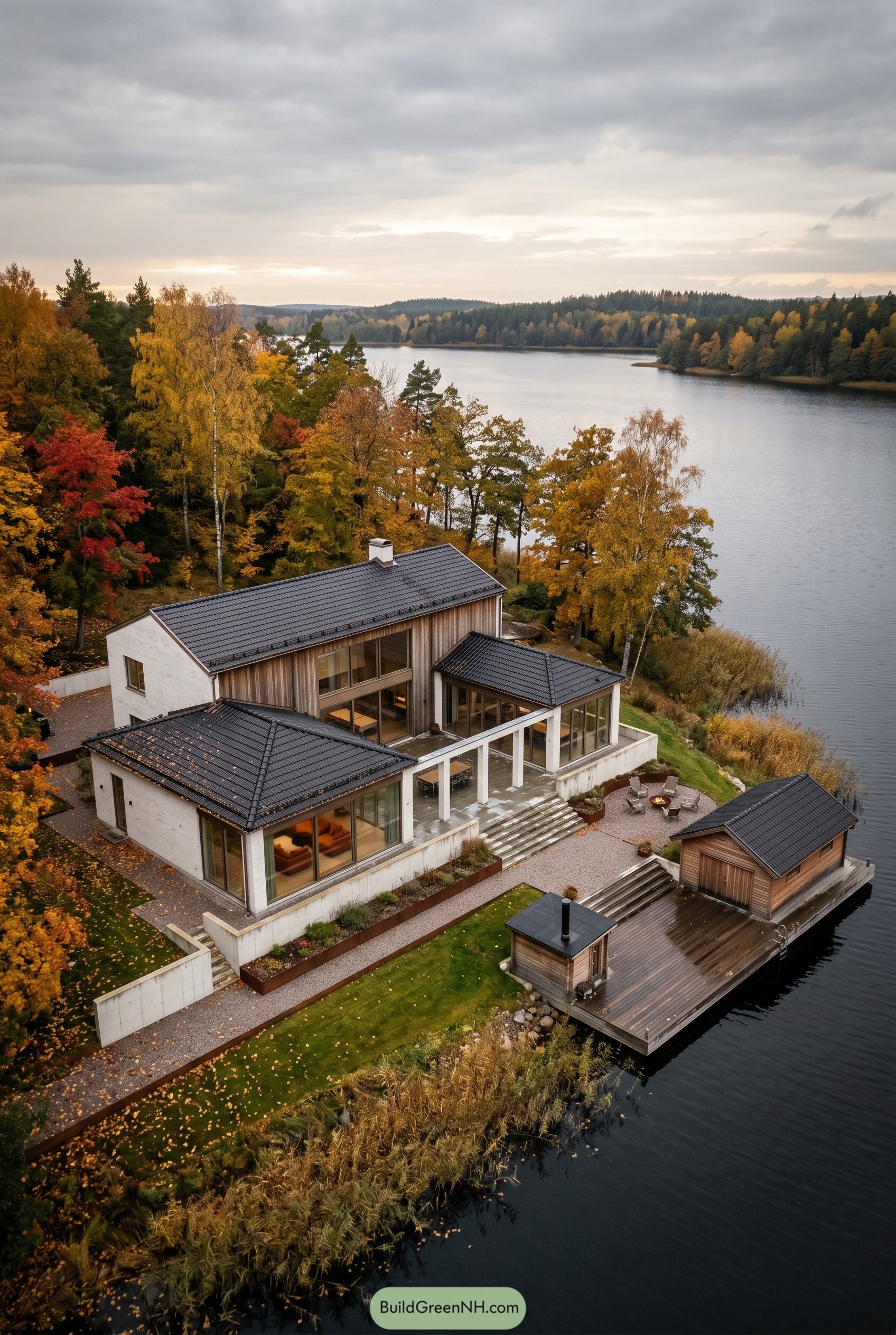 Lakeside Nordic mansion with dockside sauna
