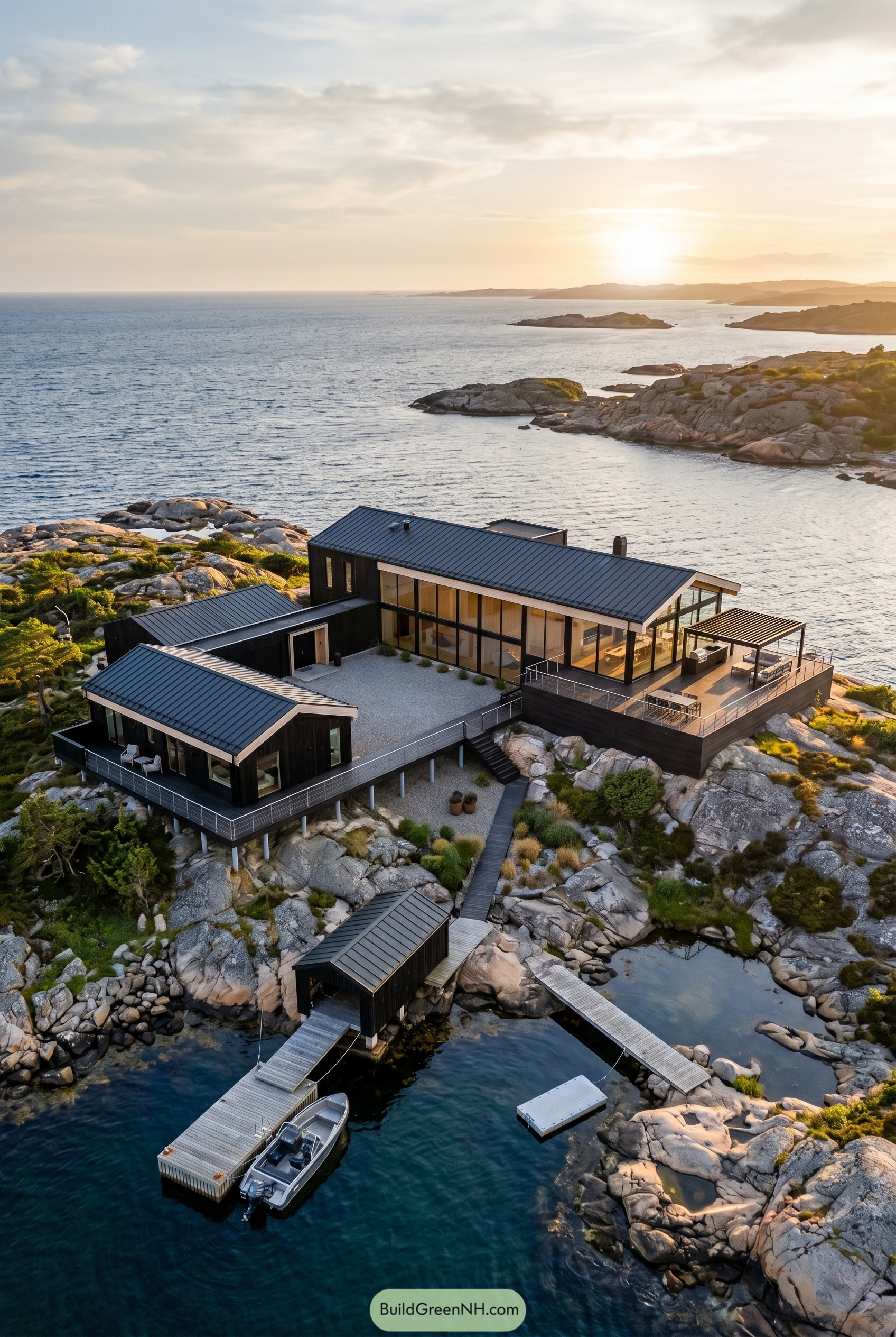 Black coastal villa on rocky shoreline with dock