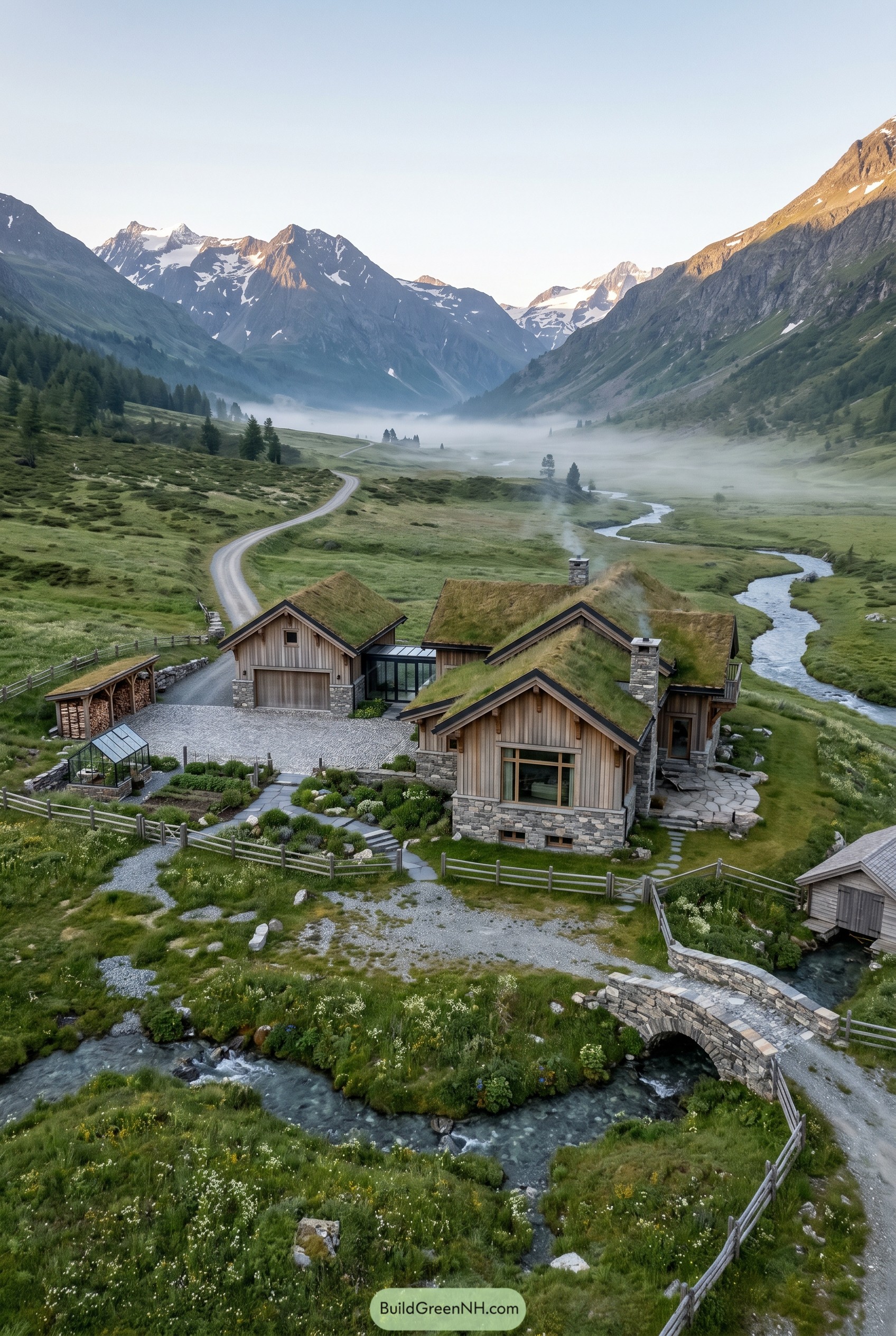 Timber and stone lodge with grass roofs by a mountain stream