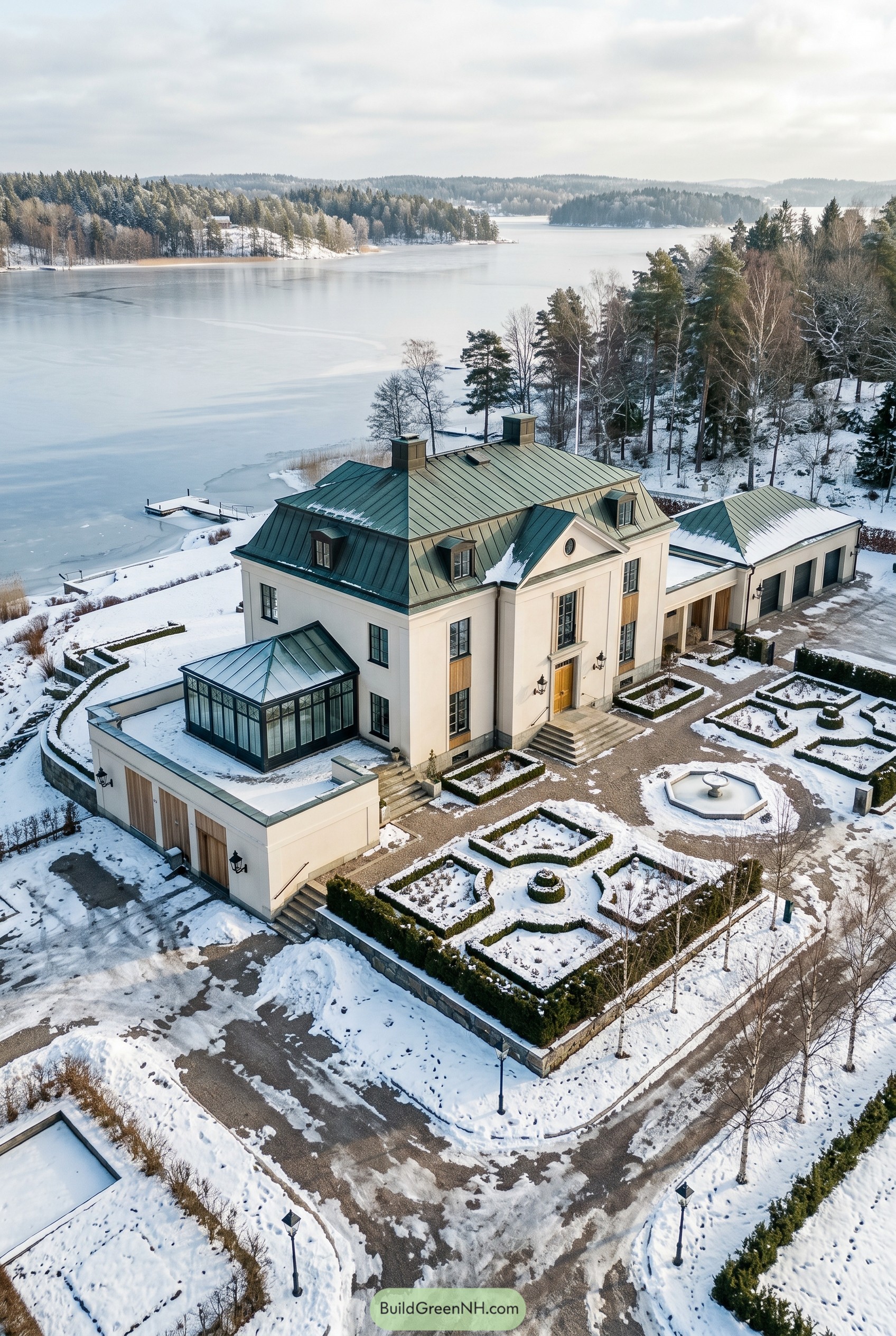 Snowy lakeside mansion with green mansard roof