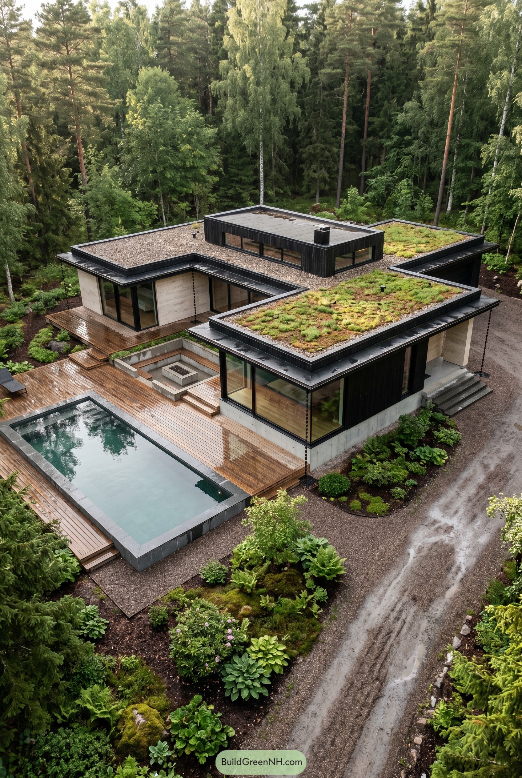 Modern forest mansion with green roofs and pool
