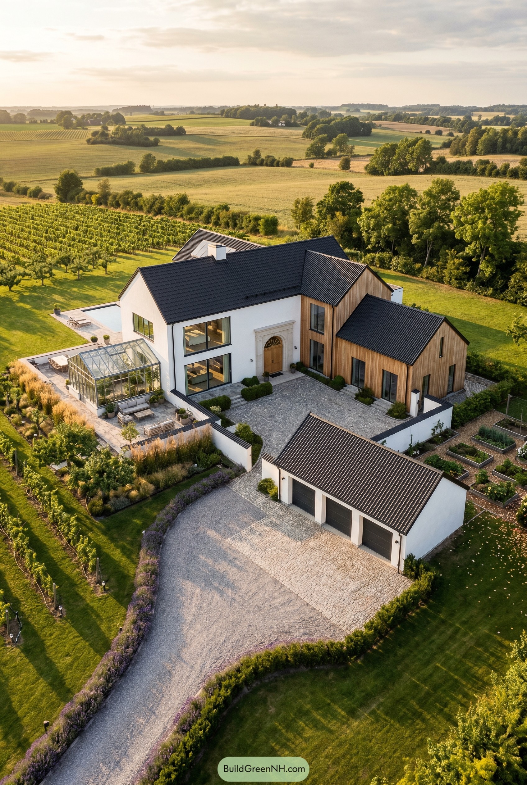 Nordic mansion with timber wings and greenhouse