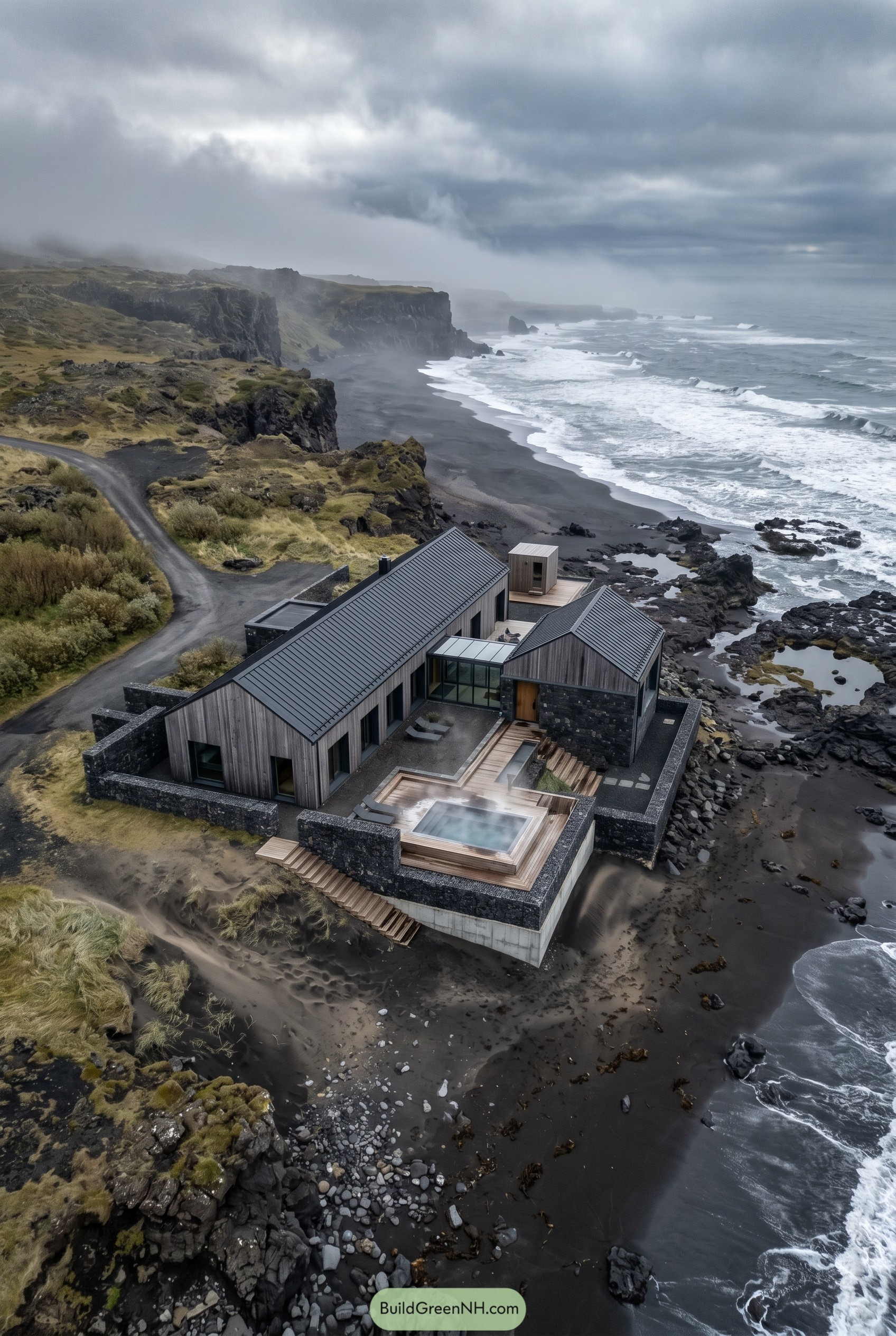 Modern mansion on a black sand coast