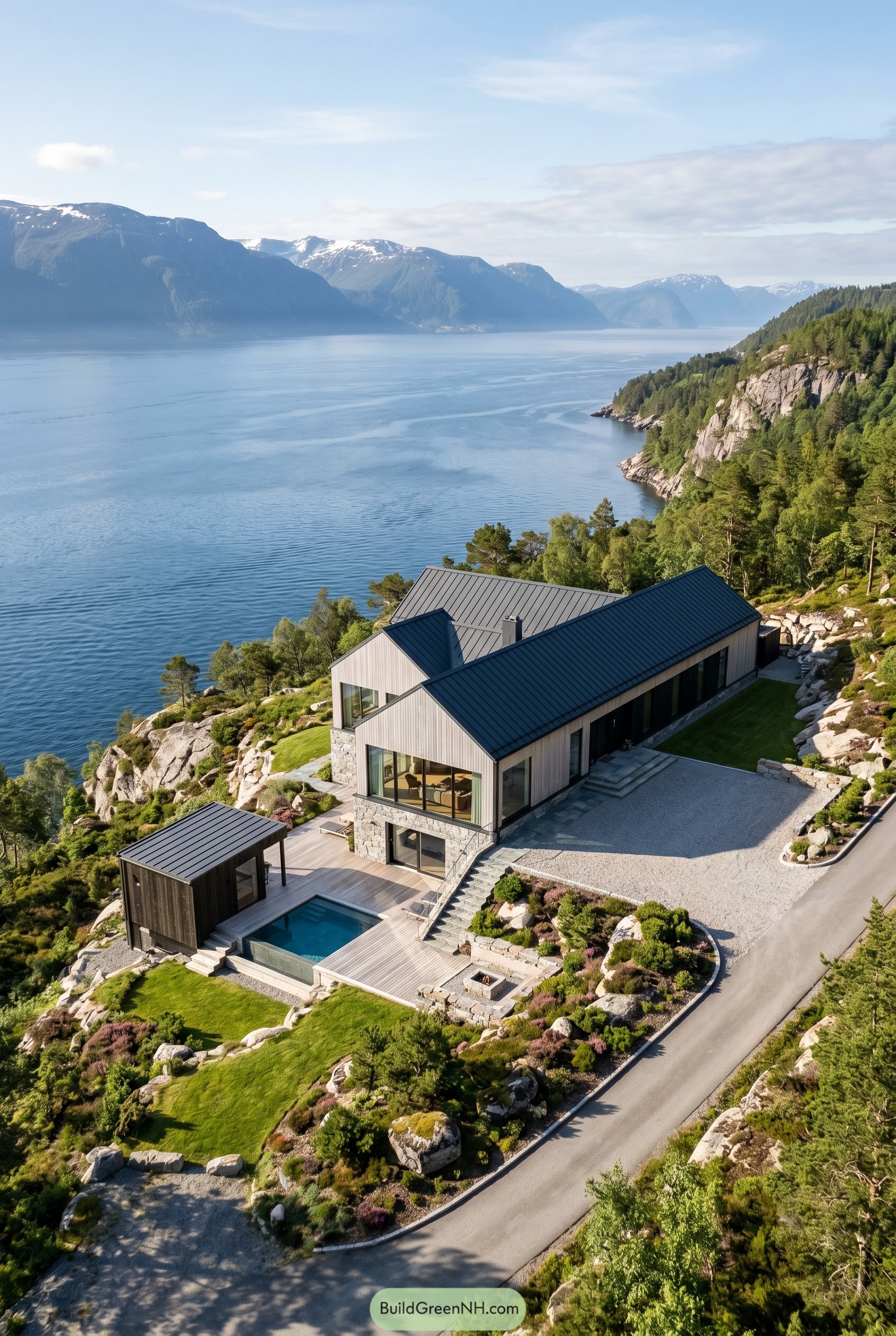 Nordic cliffside mansion with pool by a fjord