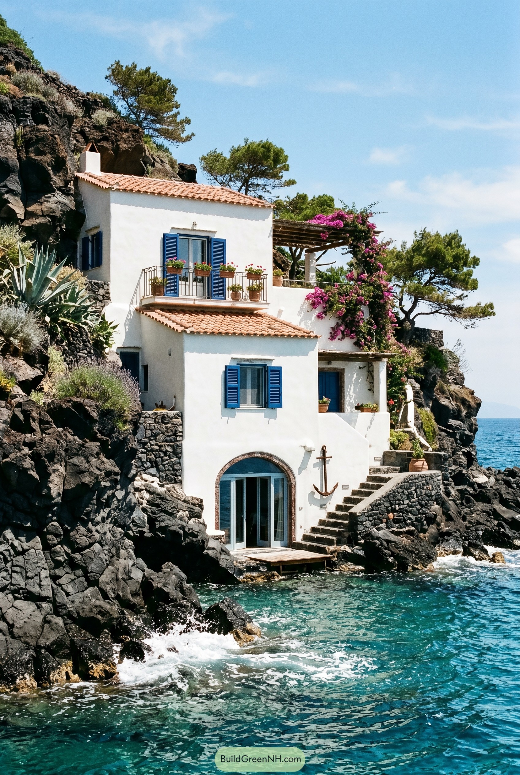 White cliffside villa with blue shutters by the sea