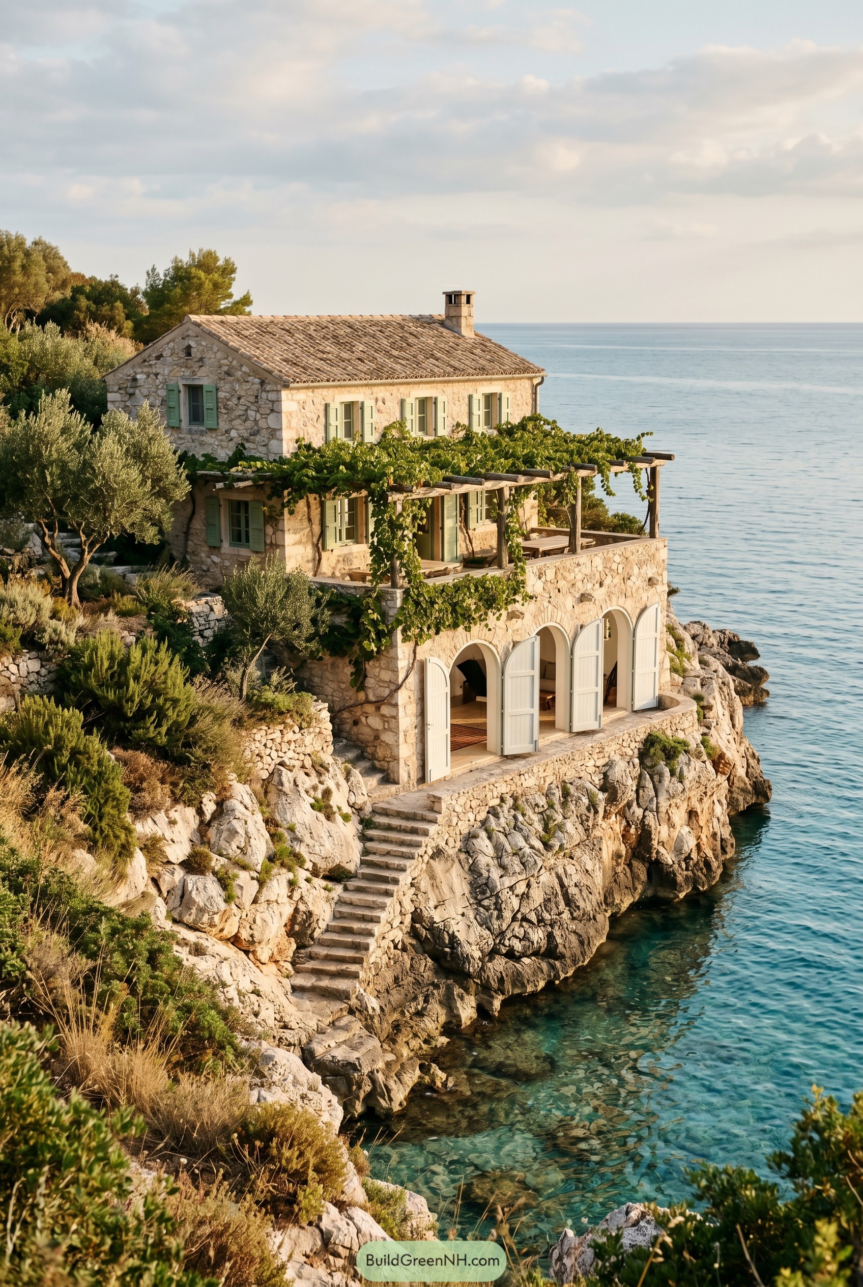 Stone cliff house with green shutters by the sea