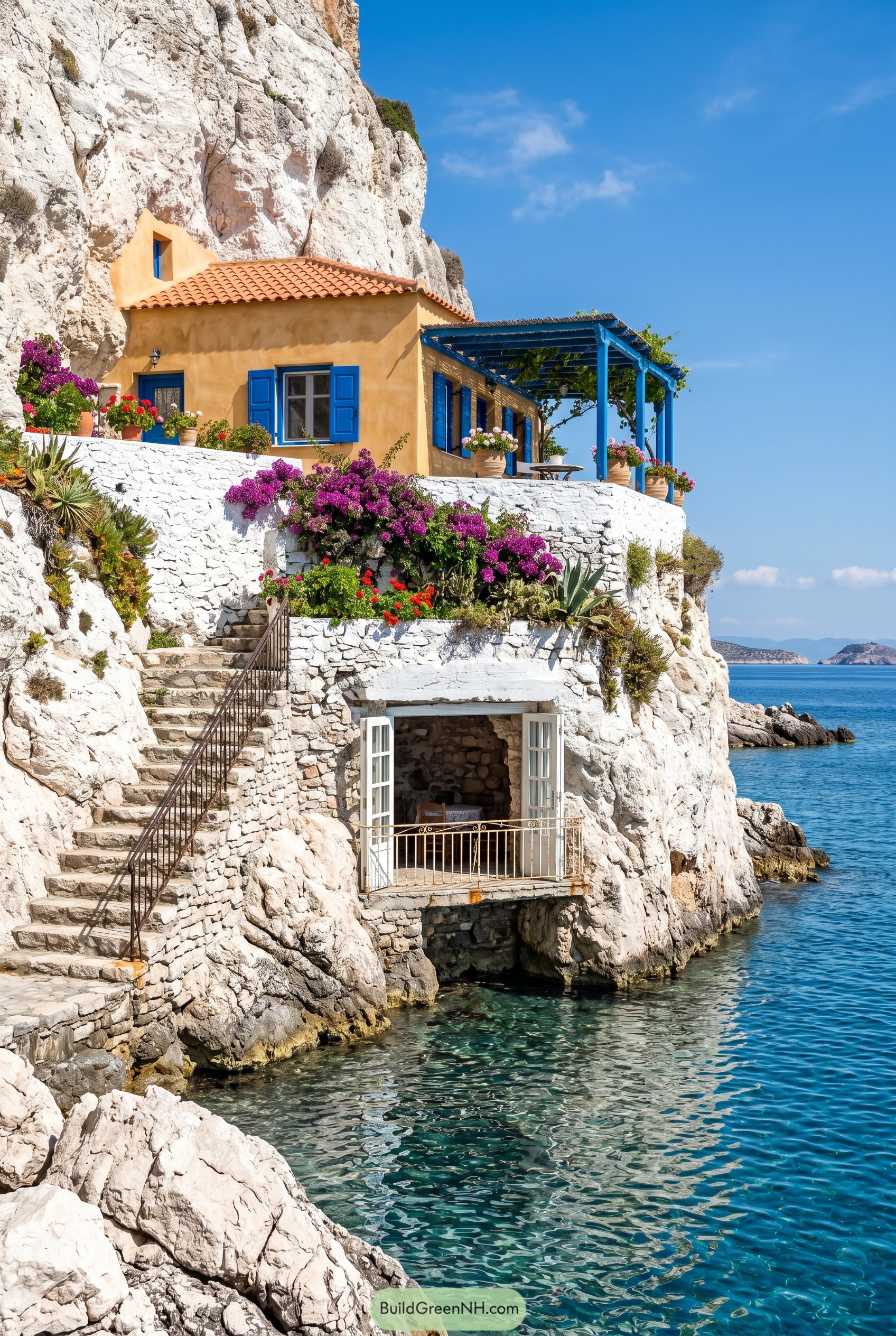 Yellow cliff house with blue shutters by the sea