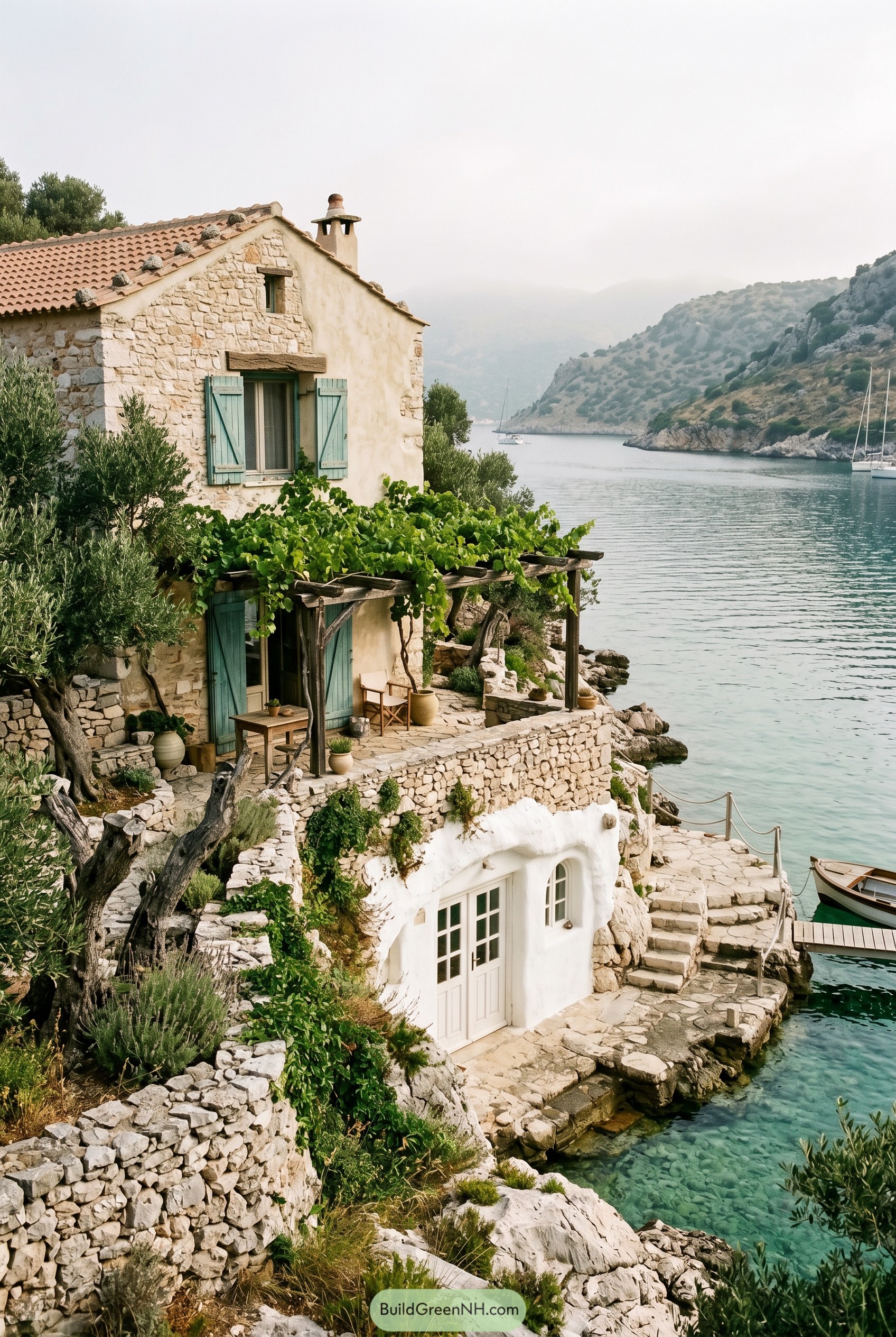 Stone cliff cottage with seafoam shutters above a cove