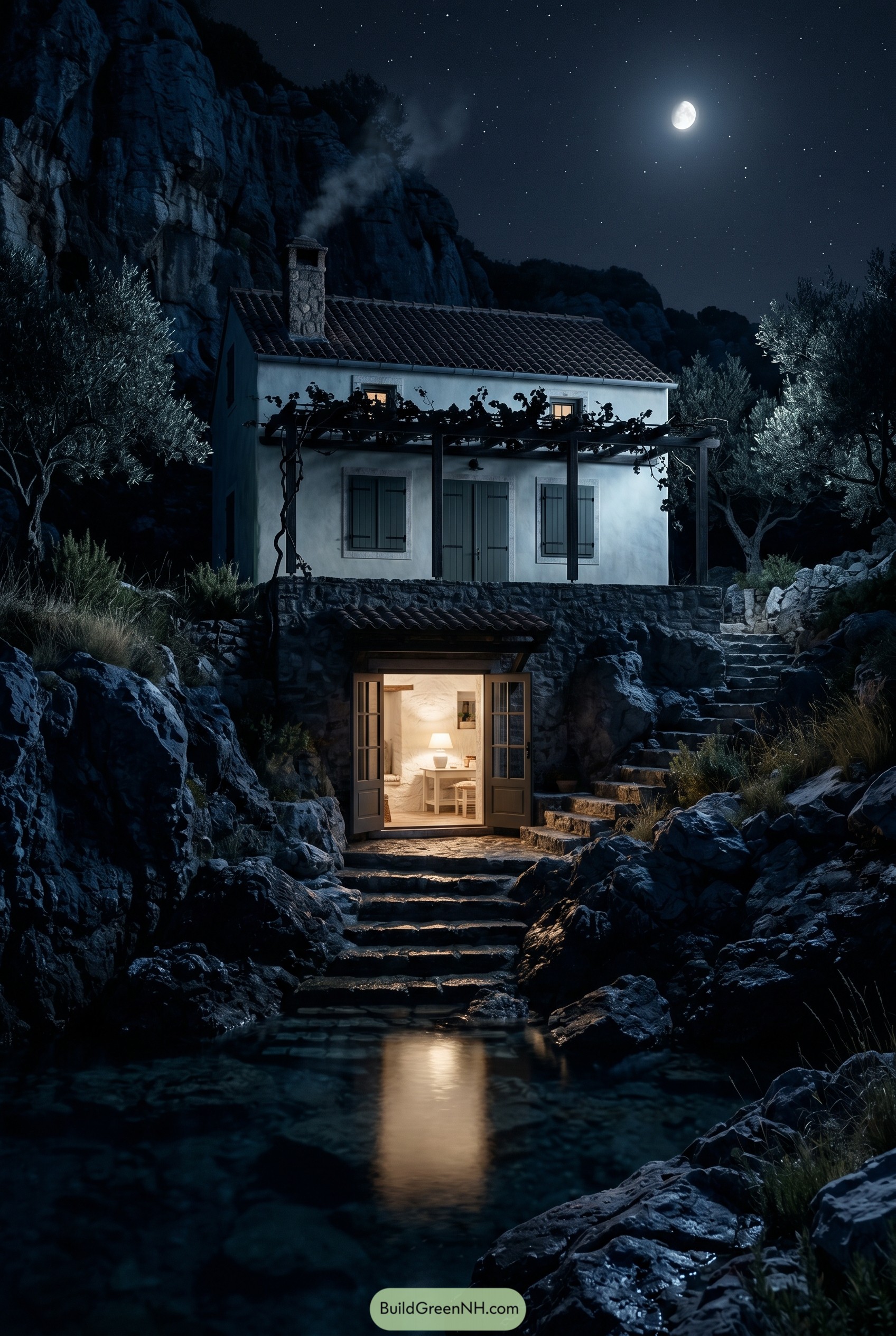 Moonlit cliffside cottage with green shutters