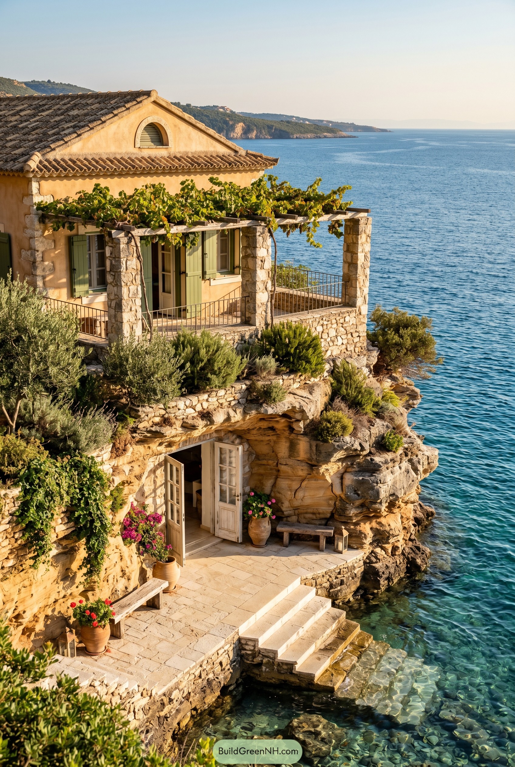 Cliffside ochre villa with green shutters above the sea