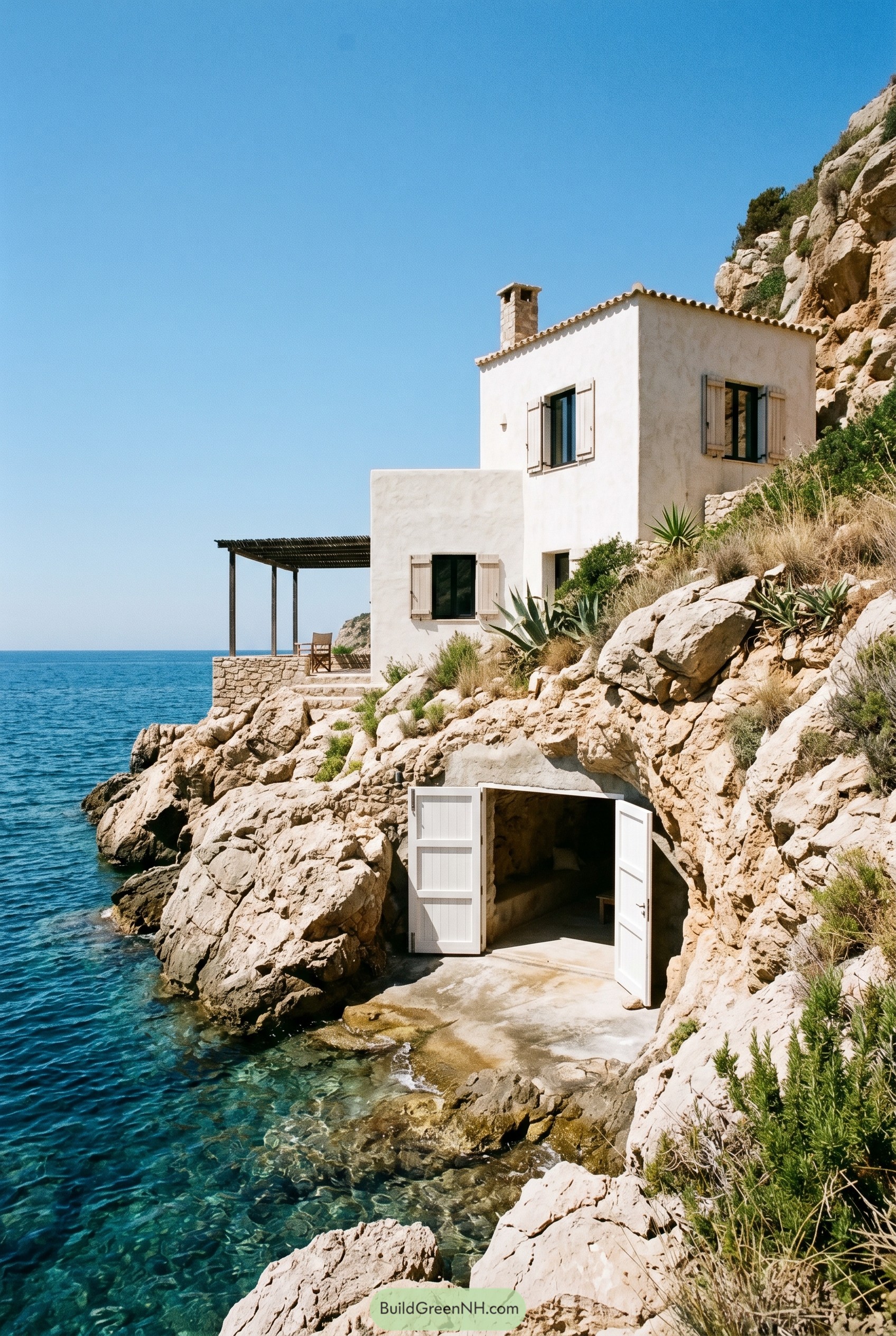 White cliffside house above clear blue sea