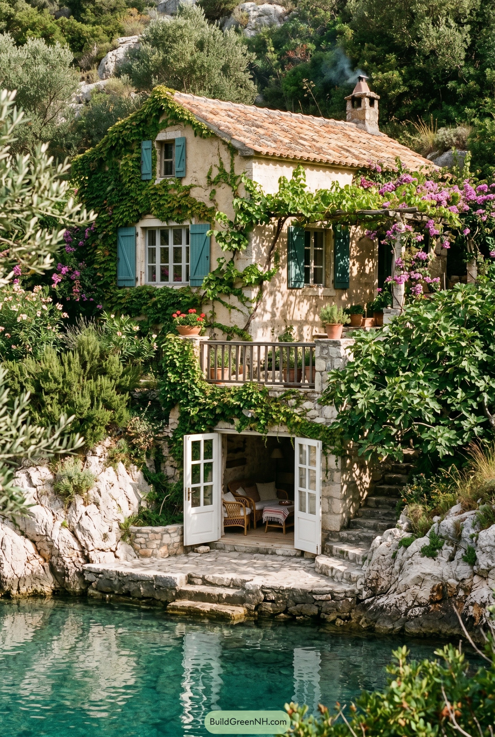 Cliffside Mediterranean cottage with teal shutters by clear water