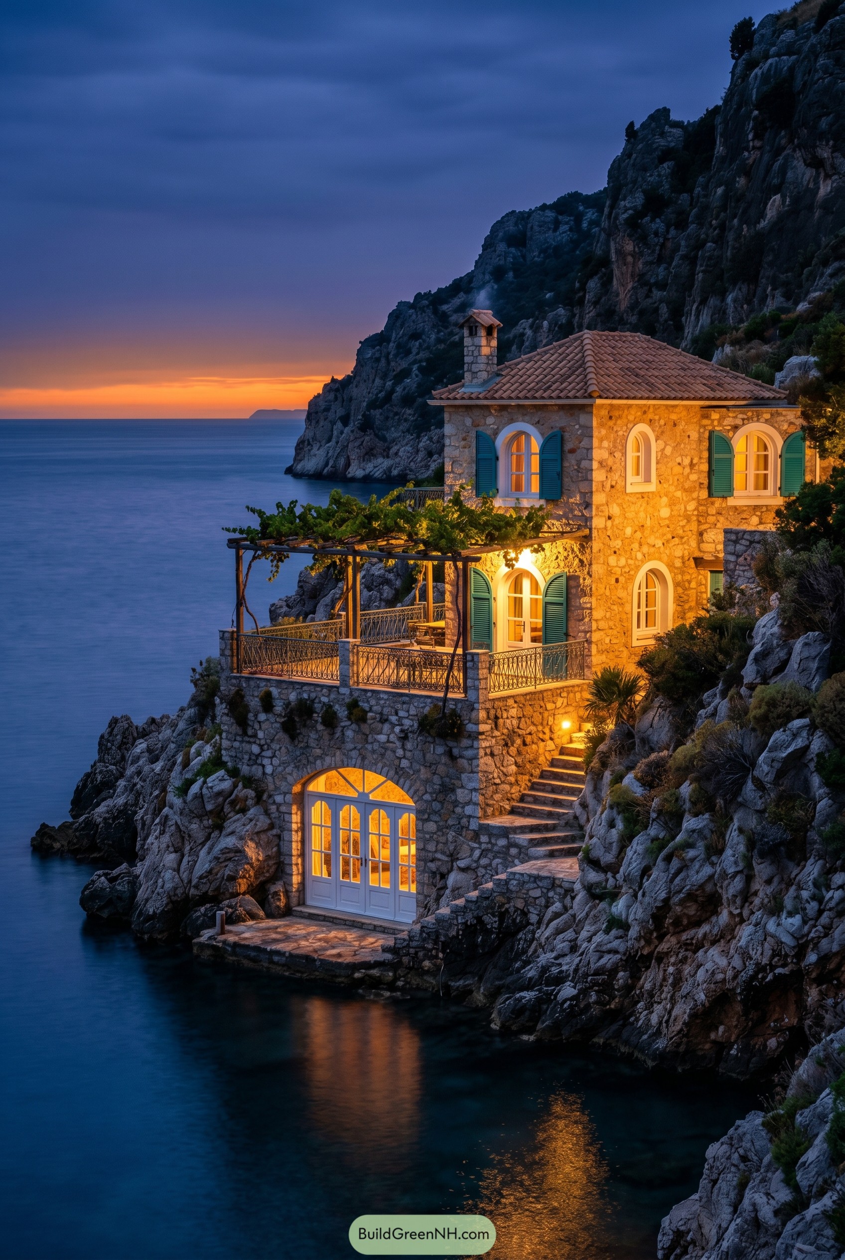 Stone cliffside villa overlooking the sea at dusk