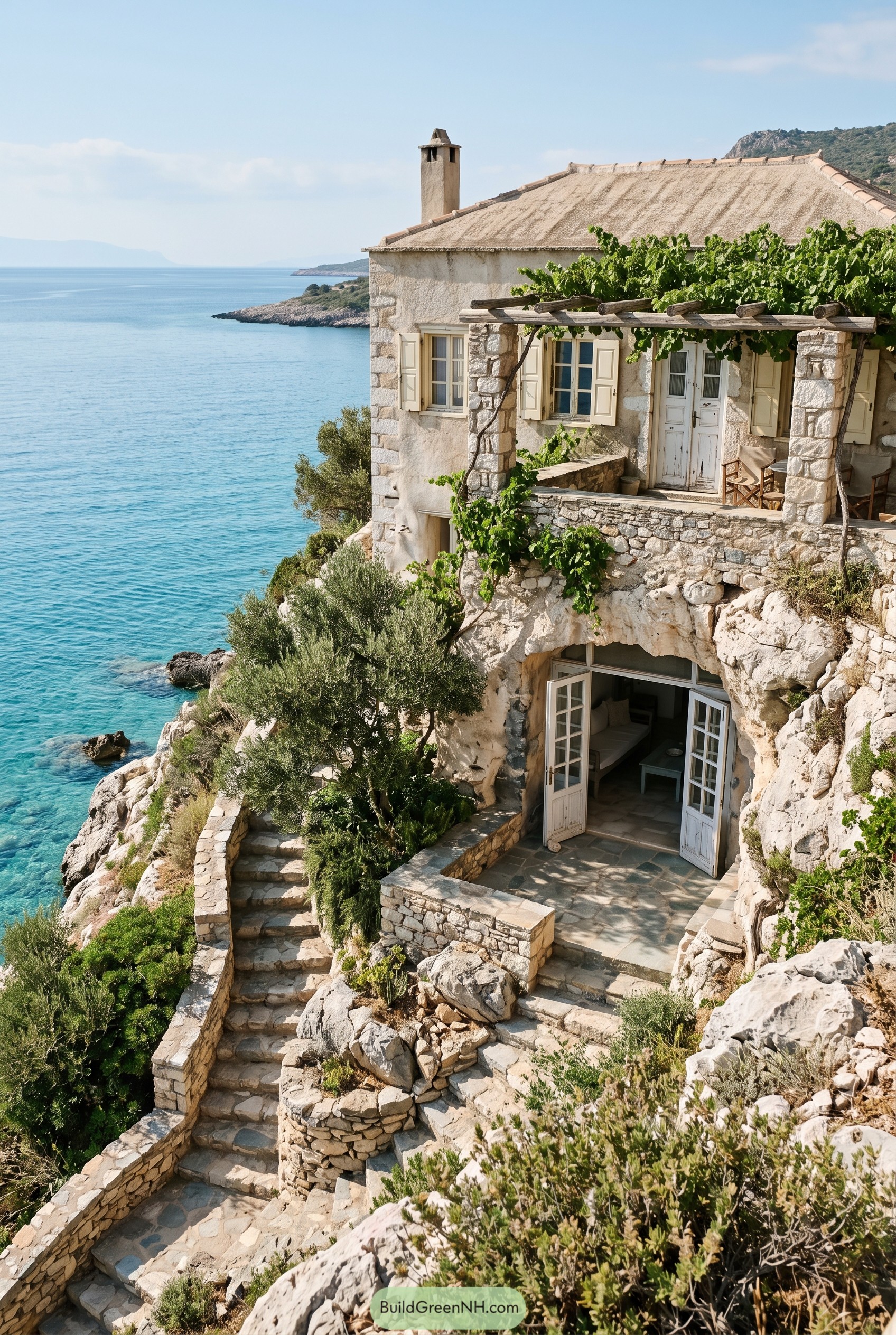Stone cliff house with vine pergola above turquoise sea