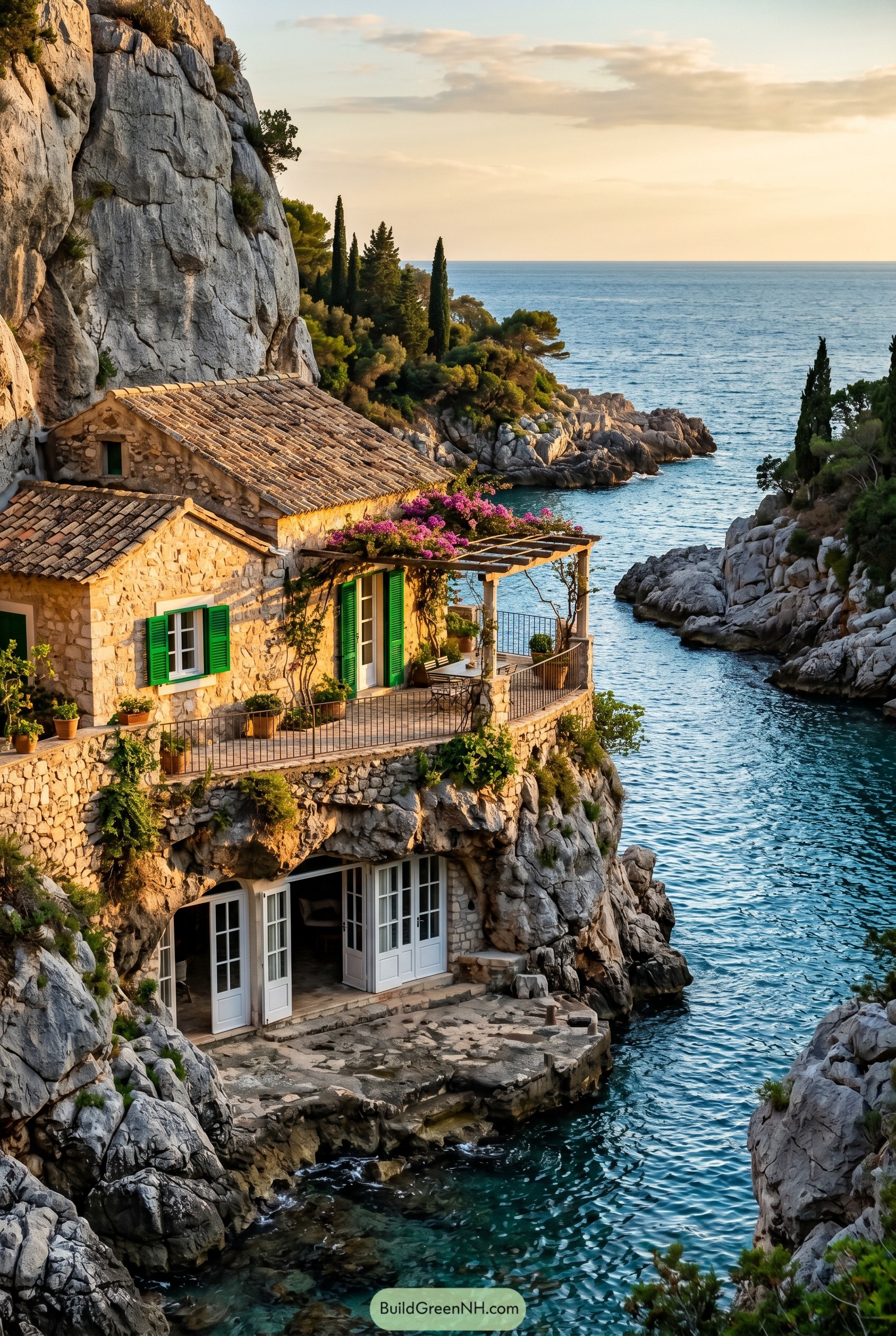Cliffside stone villa above a rocky Mediterranean cove