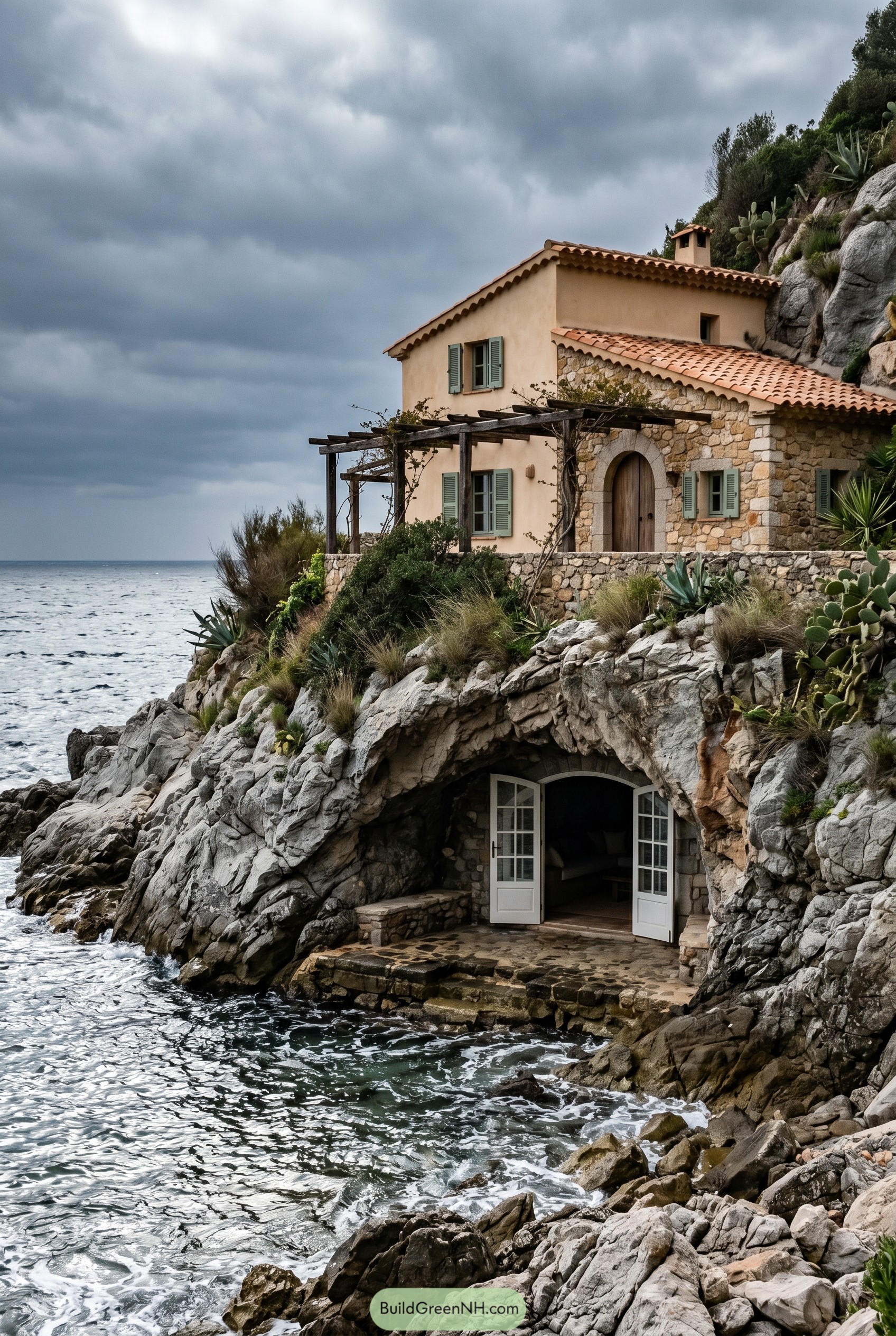 Cliffside stone house above the sea