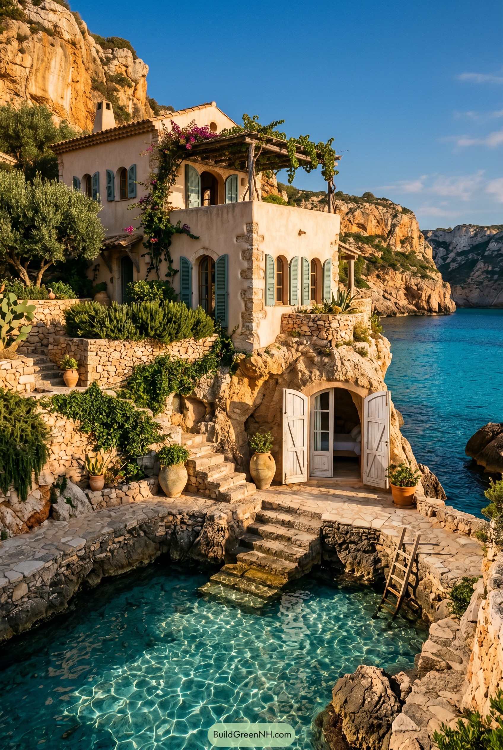 Mediterranean cliff villa over turquoise water