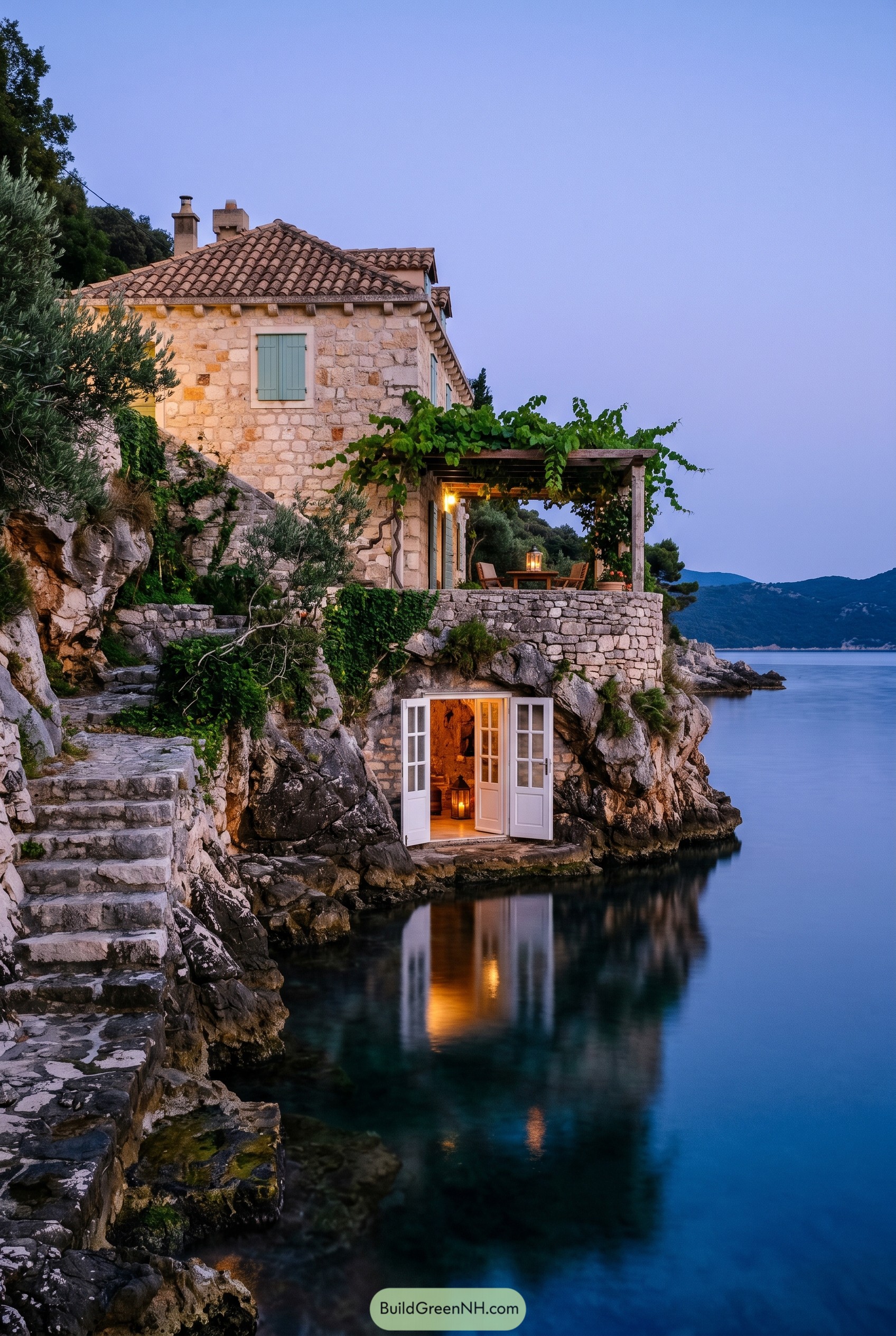 Stone cliffside villa above calm sea