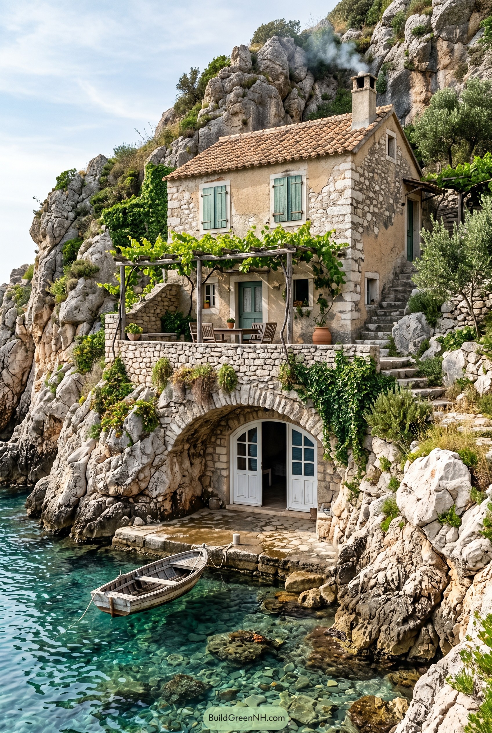 Stone cliff cottage with boat moored below