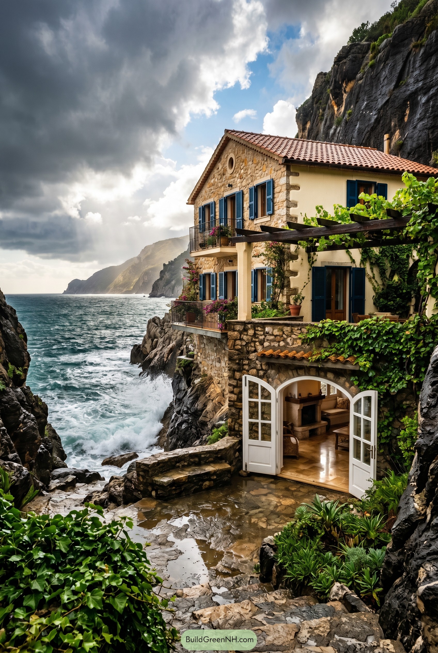 Stone cliff house overlooking a stormy sea
