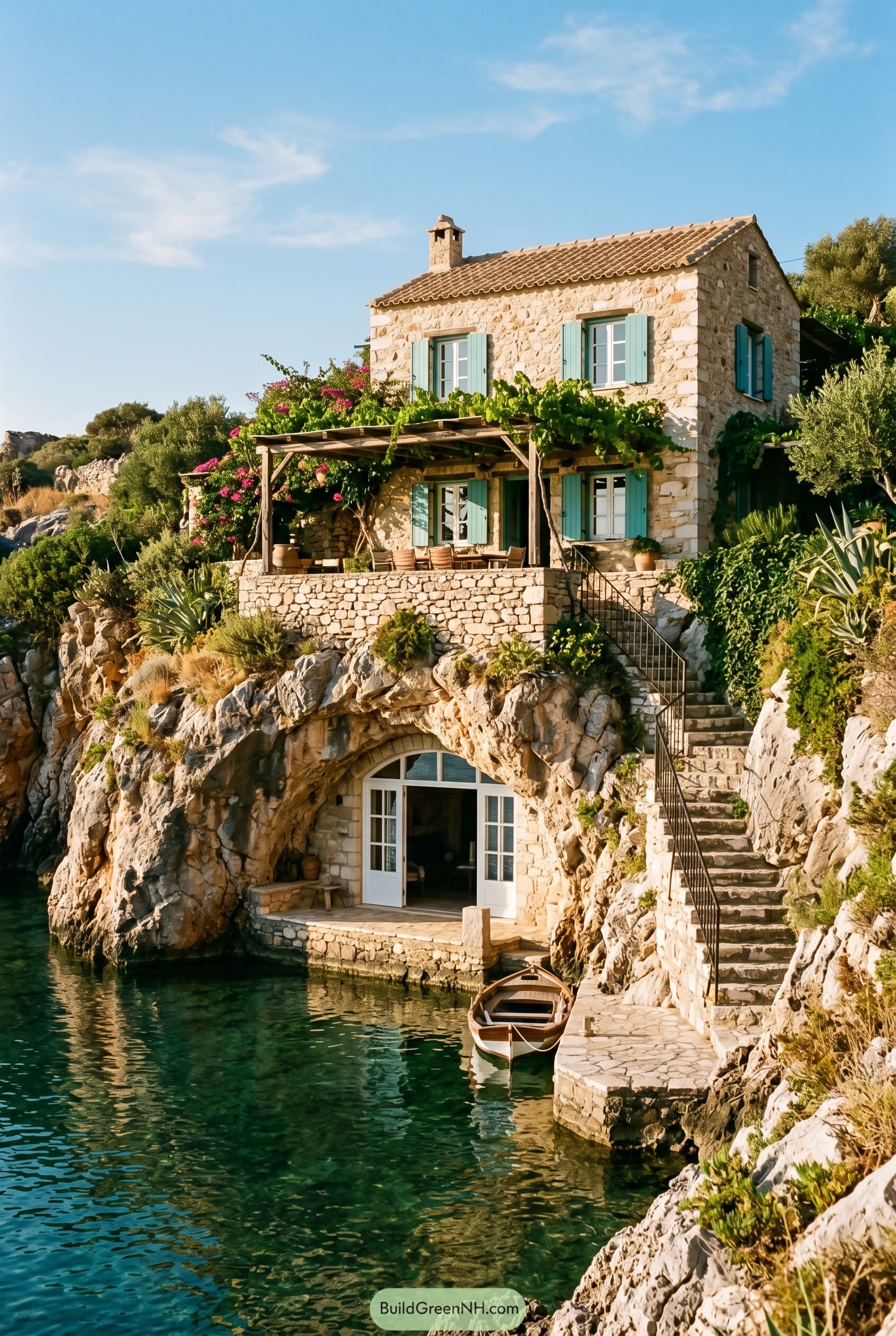 Stone cliff house with turquoise shutters above a cove