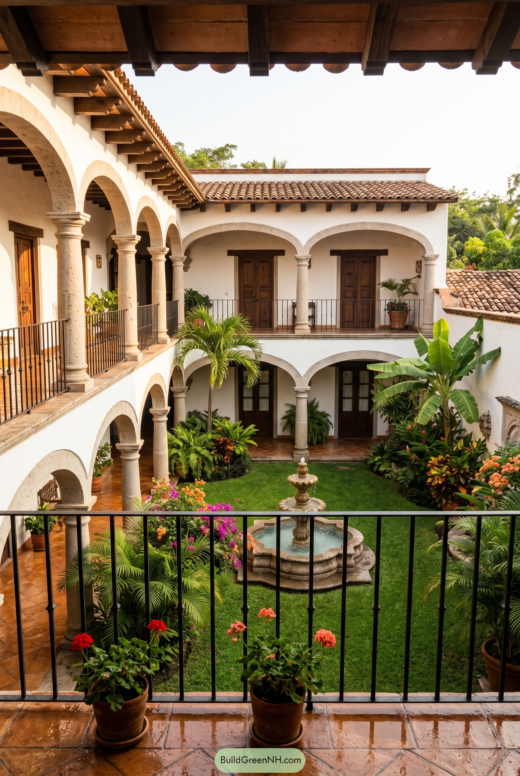 Two story courtyard with arches fountain and tropical plants