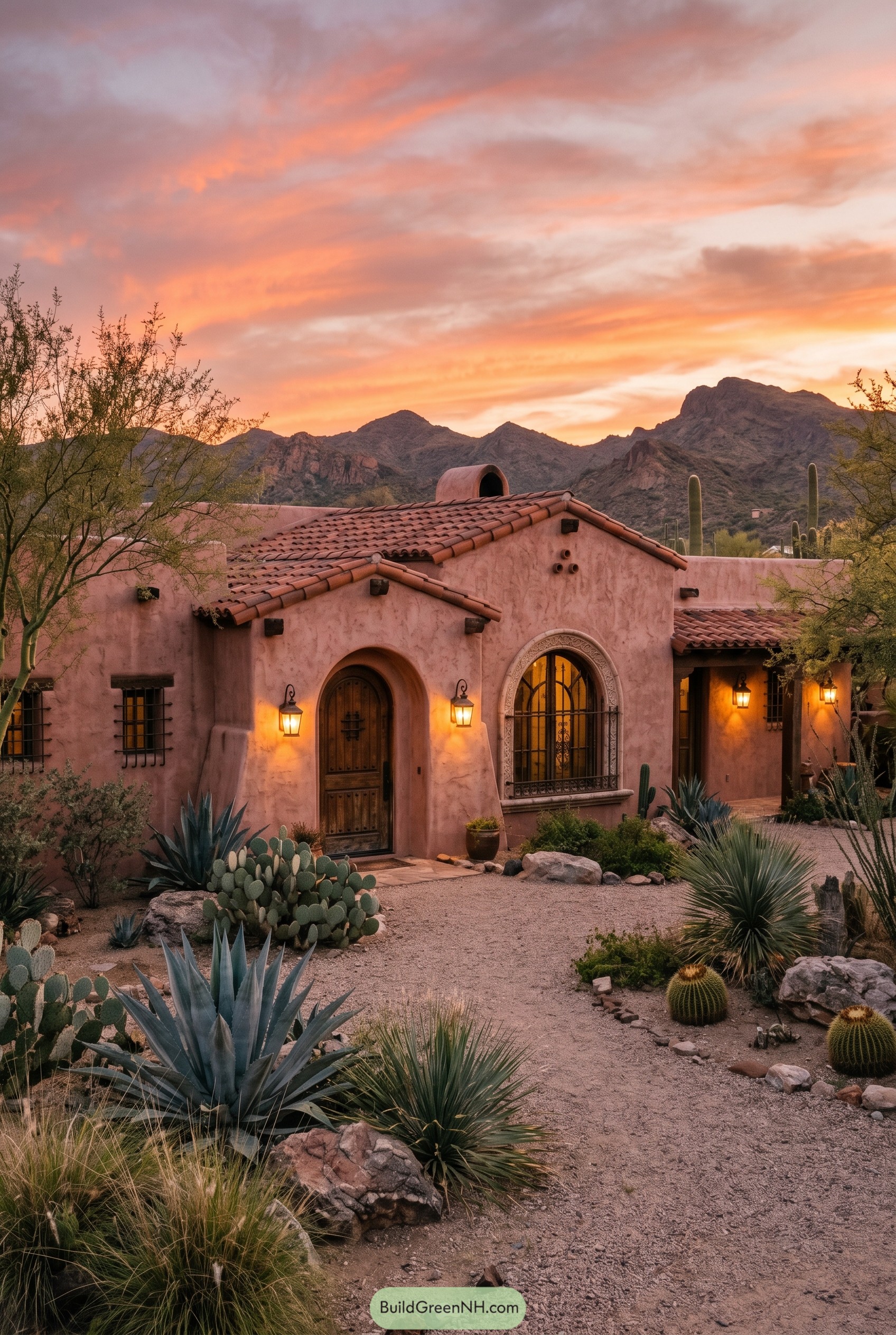 Stucco desert house with cacti at sunset