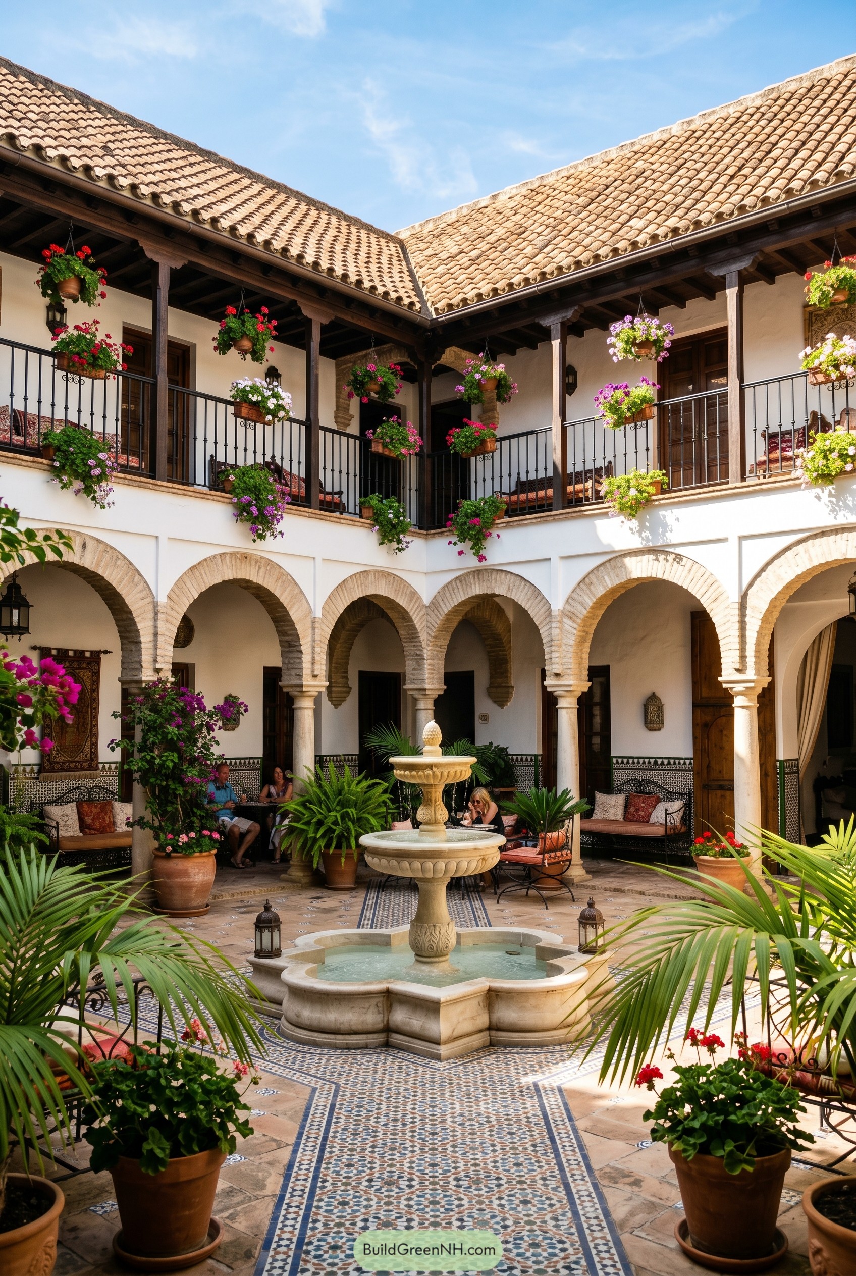 Two story courtyard with fountain tiled floor and flowered balconies