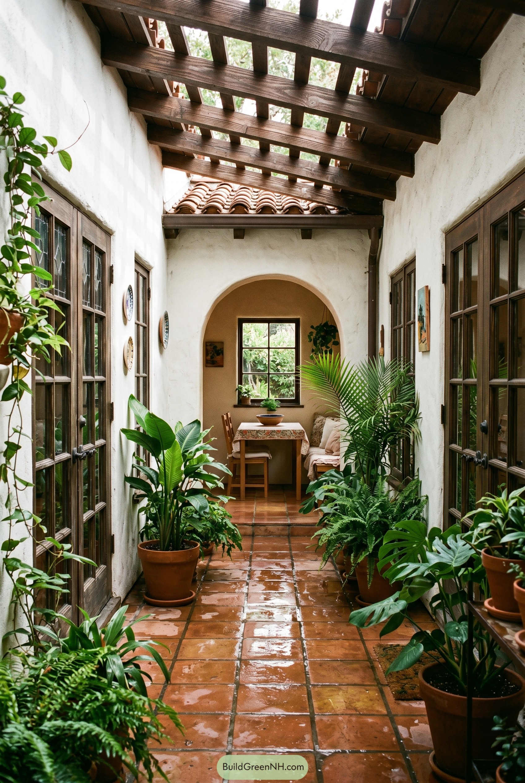 Narrow courtyard with timber pergola and potted plants