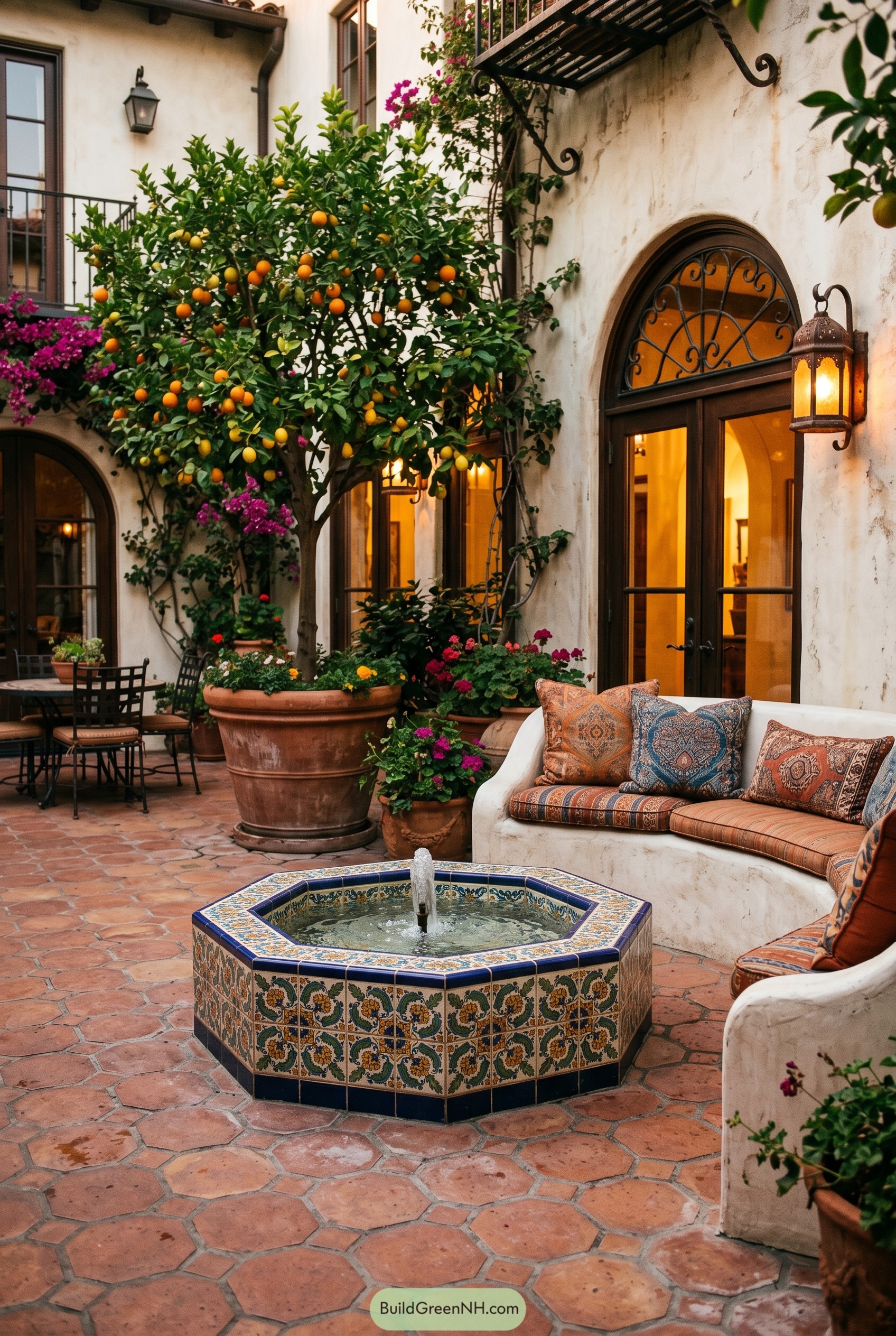 Courtyard with tiled fountain orange tree and curved seating