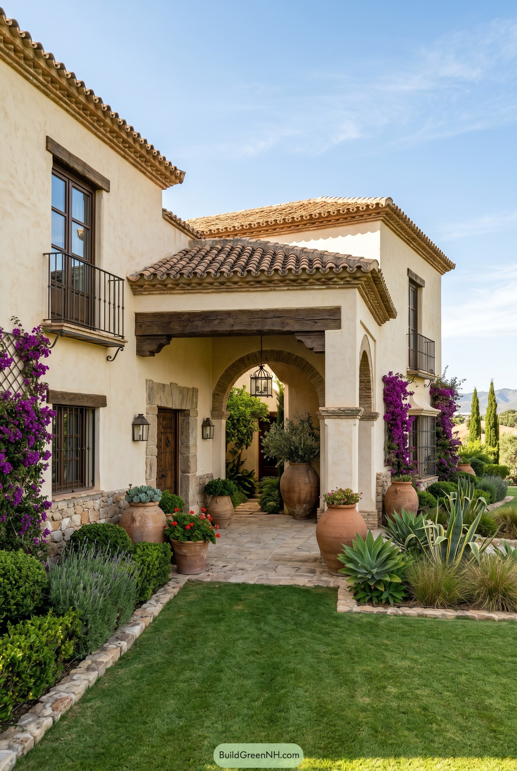 Stucco courtyard house with arched portico and clay tile roofs