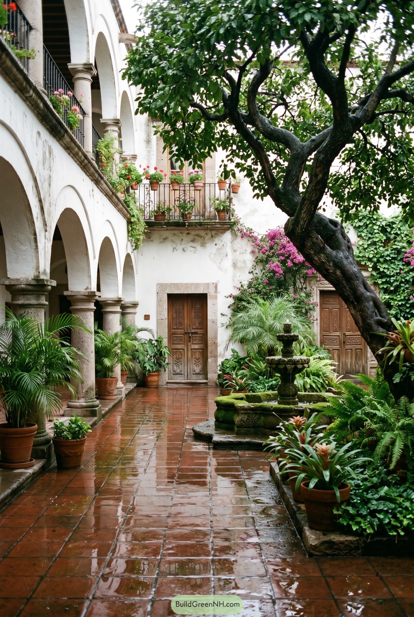 Lush arched courtyard with fountain and wet terracotta tile