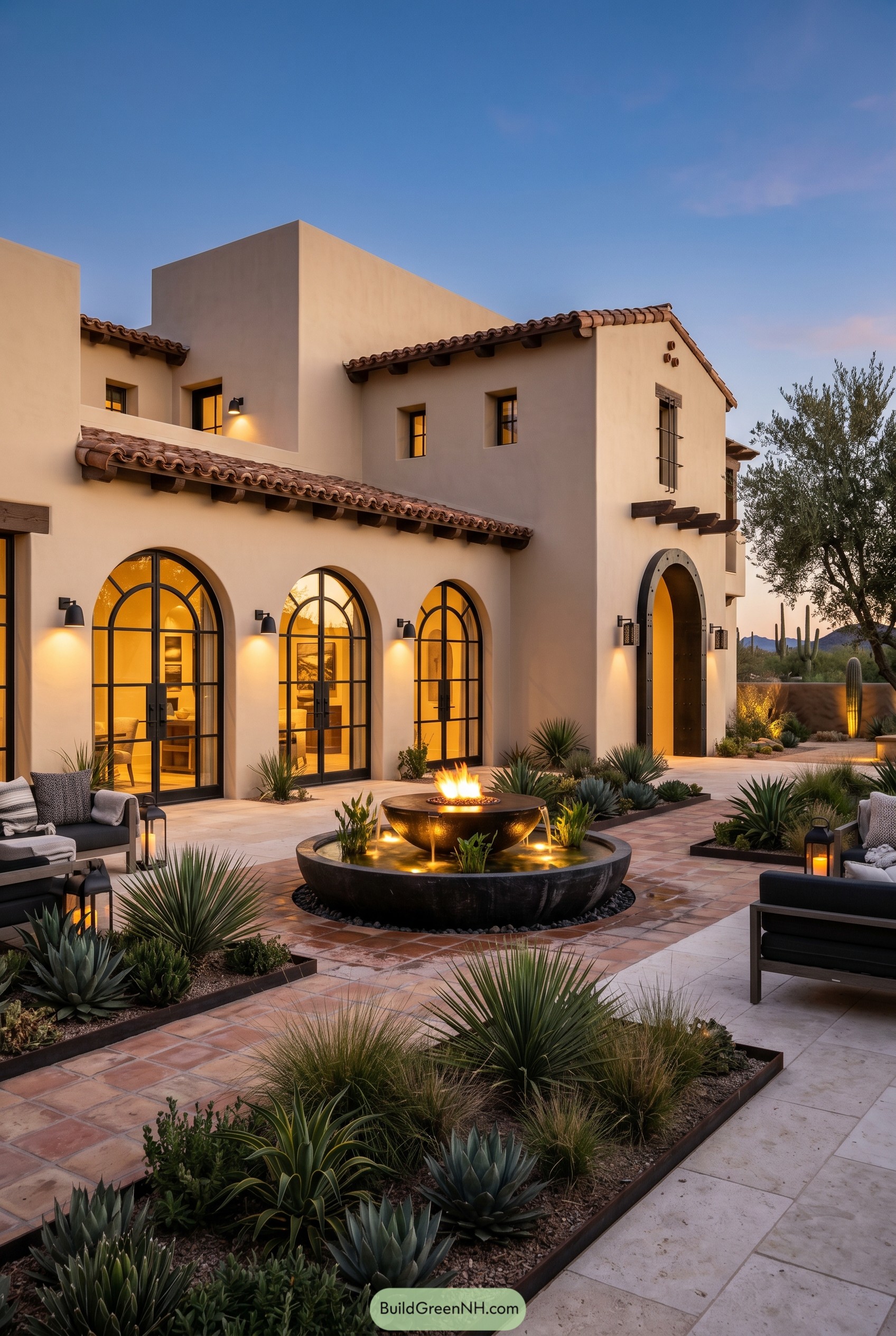 Stucco courtyard house with fire fountain