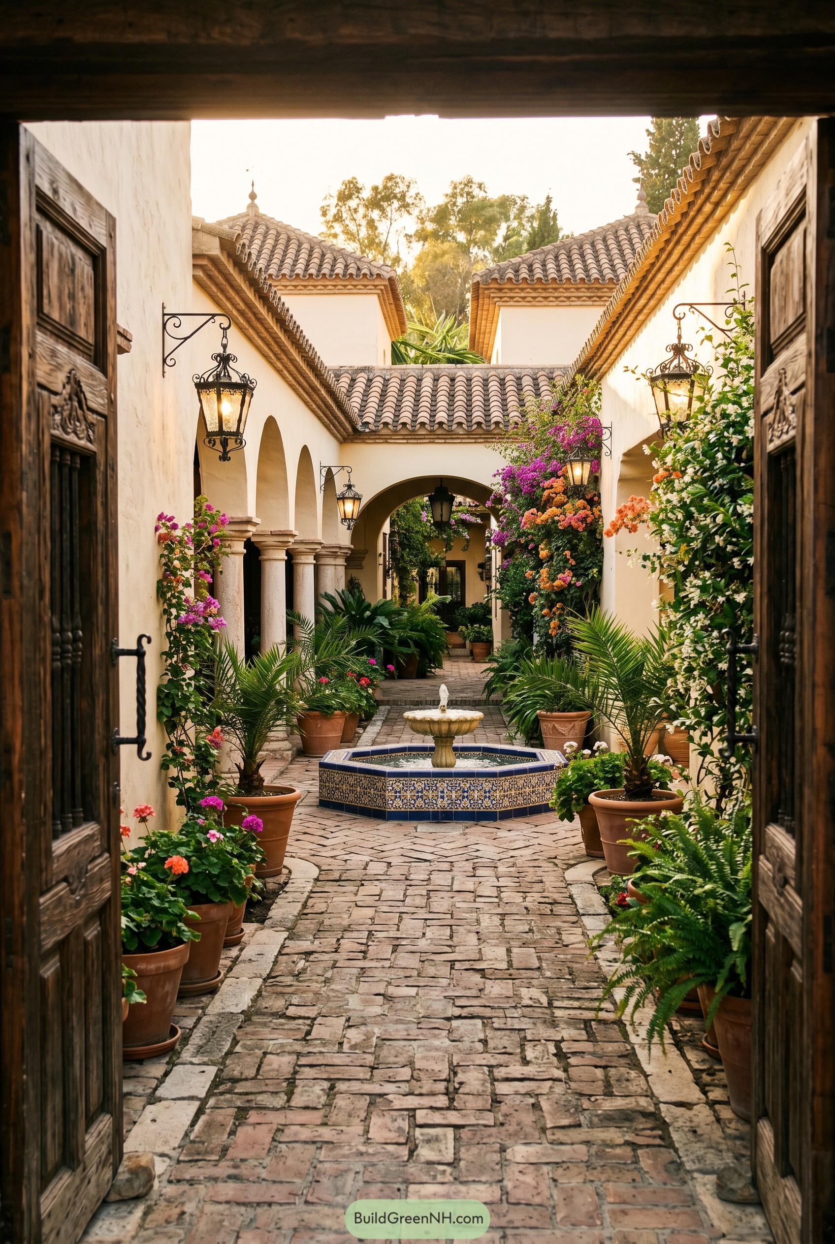 Arched courtyard with a tiled fountain and lush potted plants