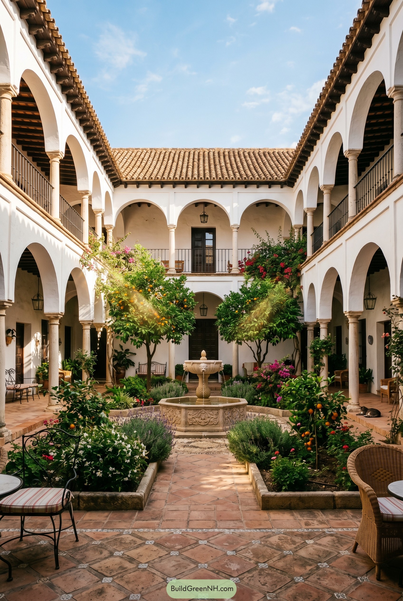 Two story courtyard with fountain and citrus trees