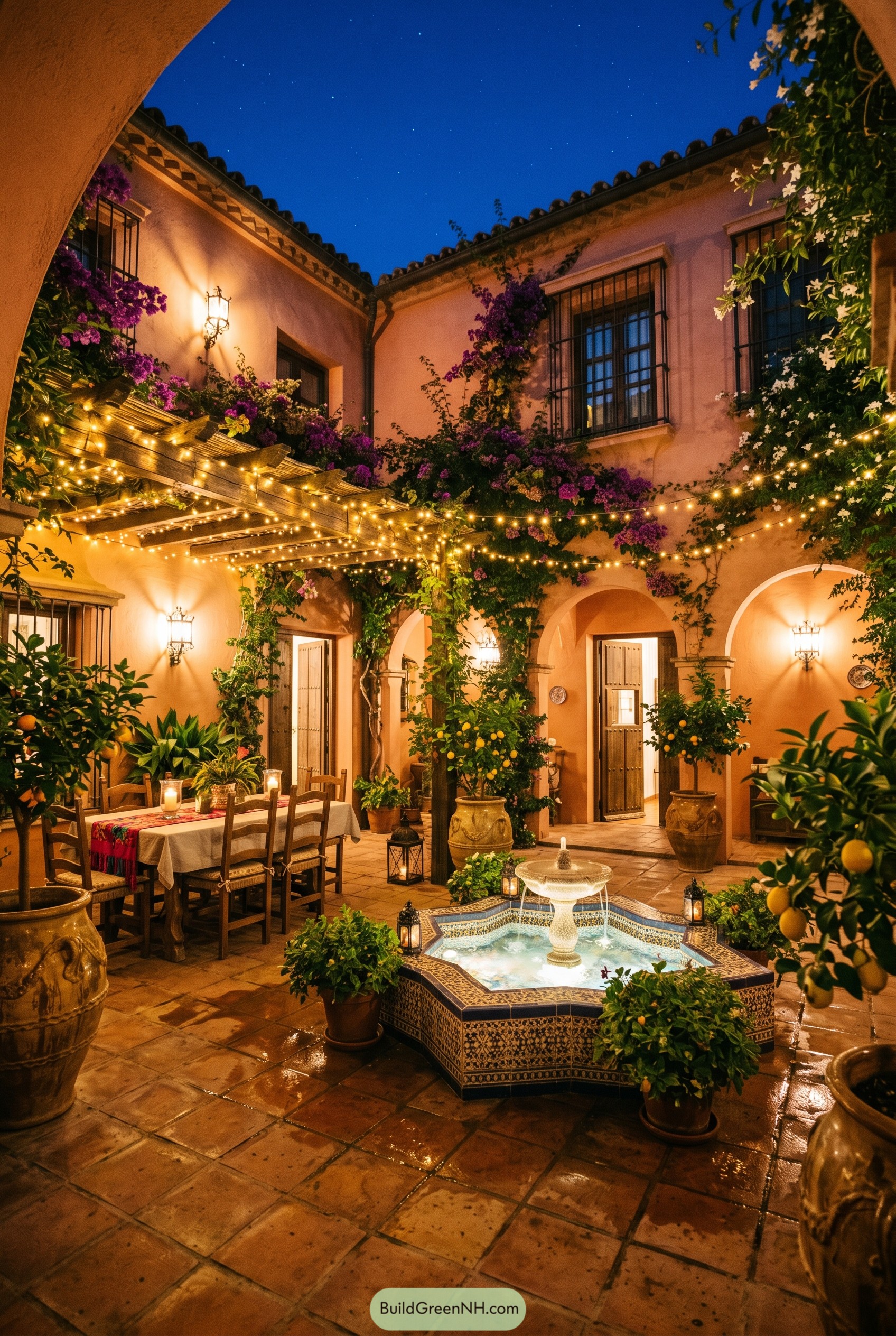 Courtyard with tiled fountain citrus trees and pergola