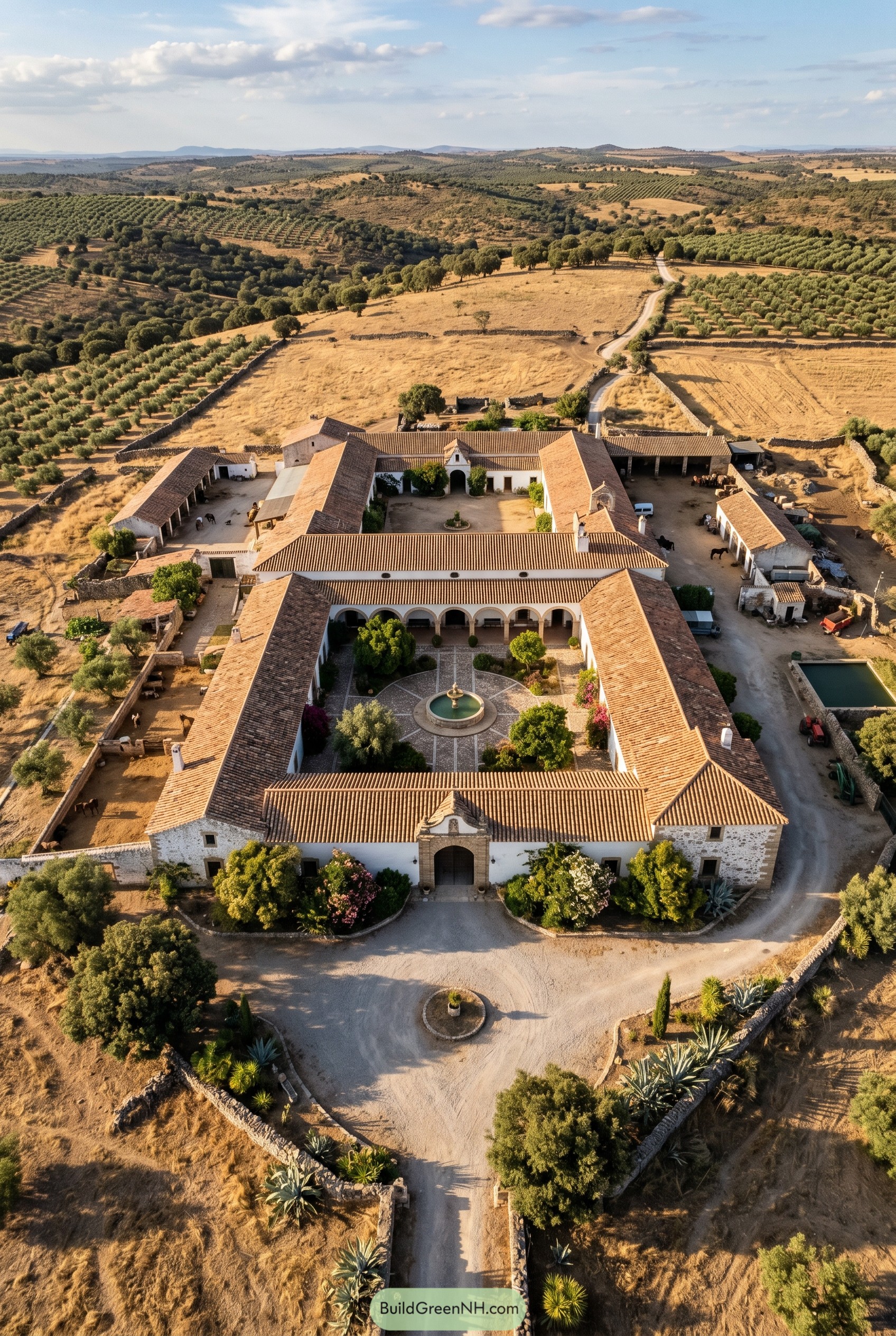 Aerial view of a hacienda with a central fountain courtyard