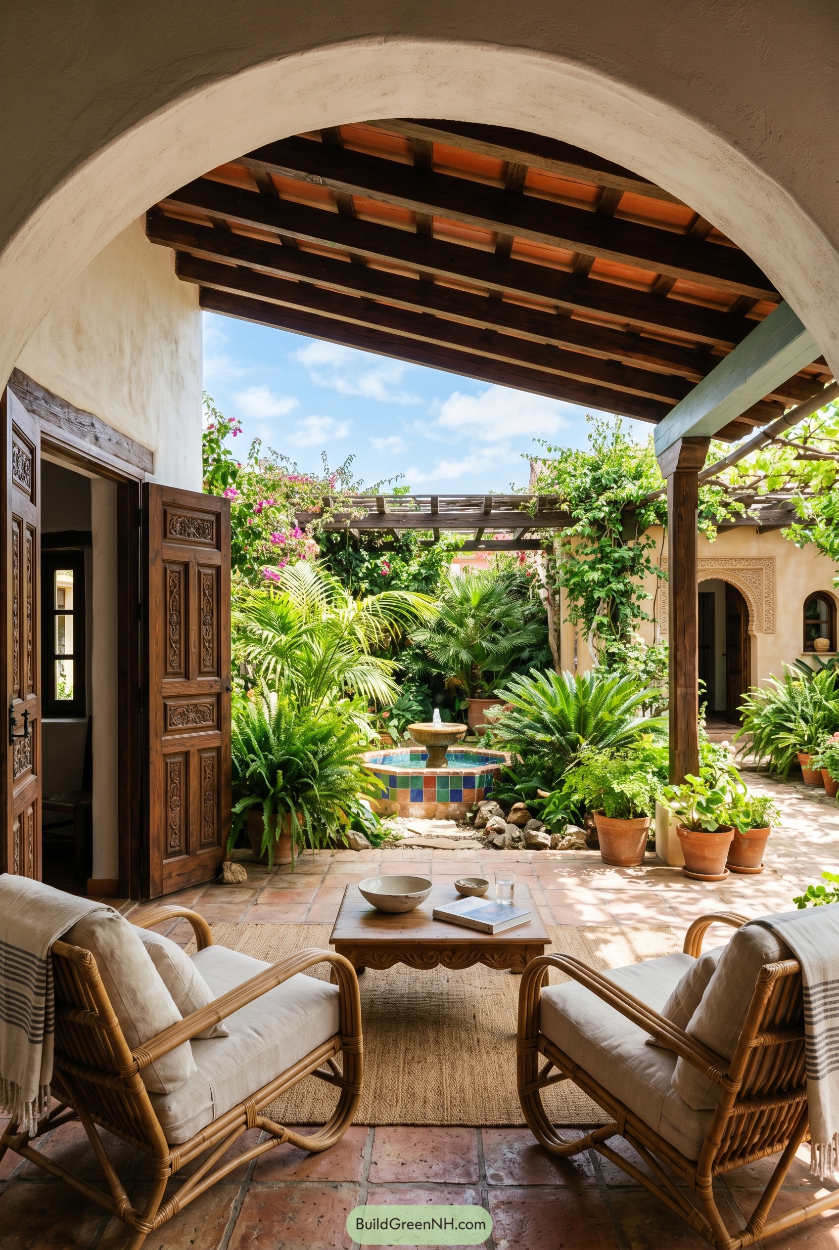 Arched patio with chairs facing lush courtyard fountain