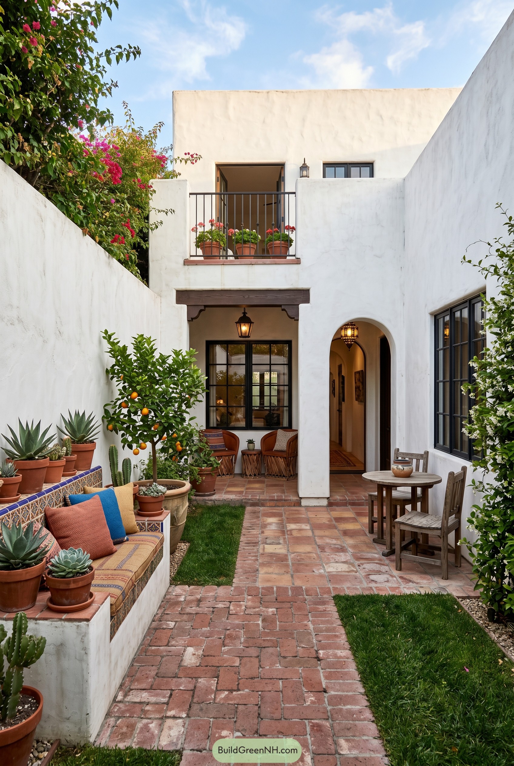White stucco courtyard with brick path and citrus tree