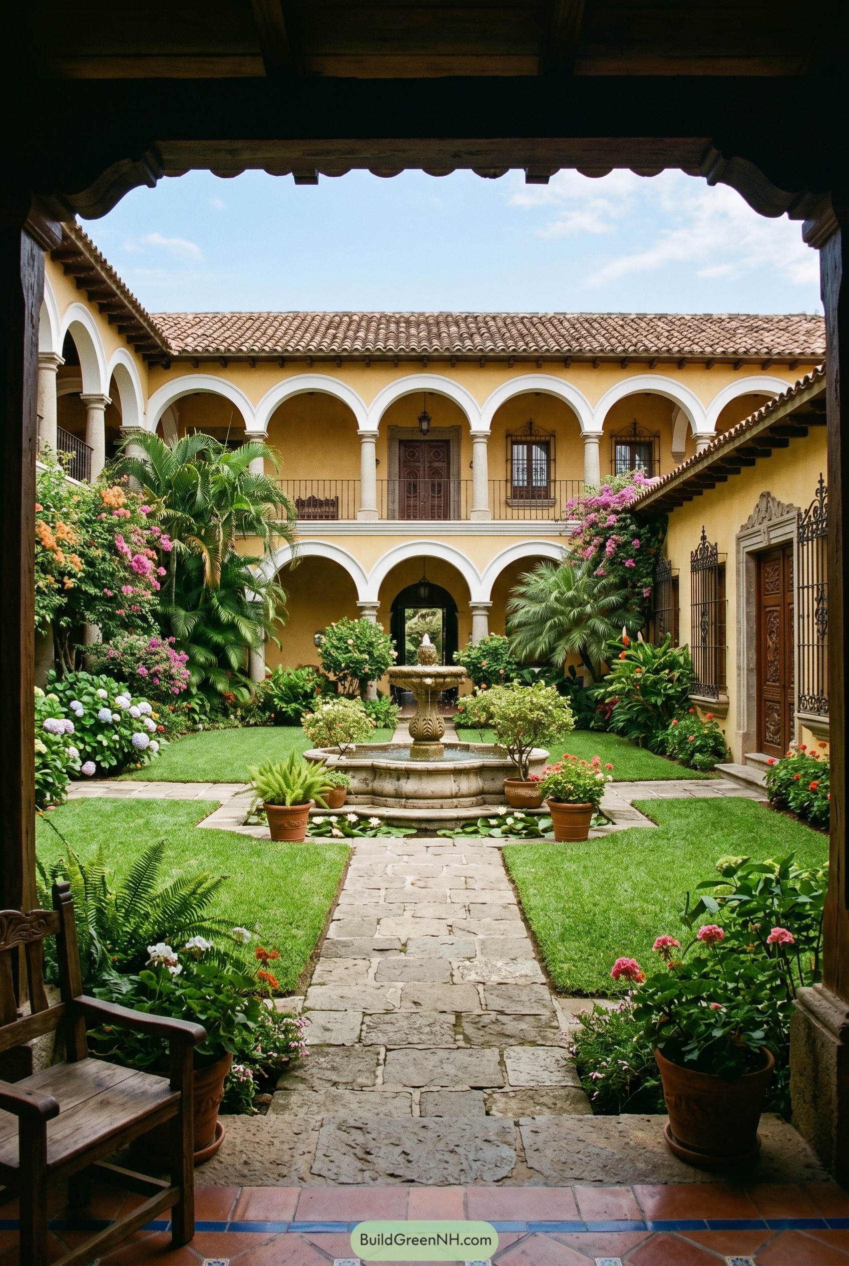 Arched yellow courtyard with central stone fountain