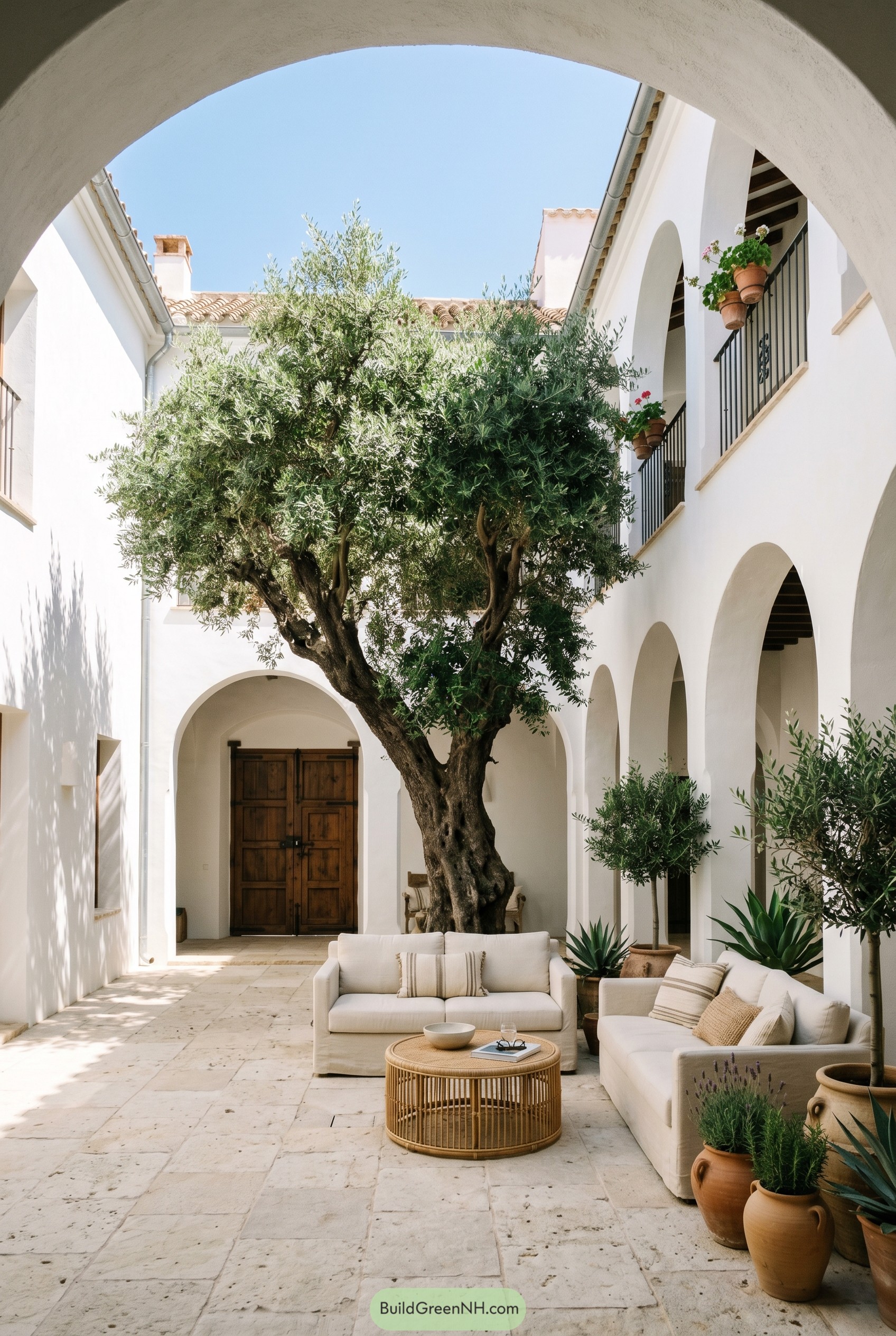 White arched courtyard with olive tree and sofas