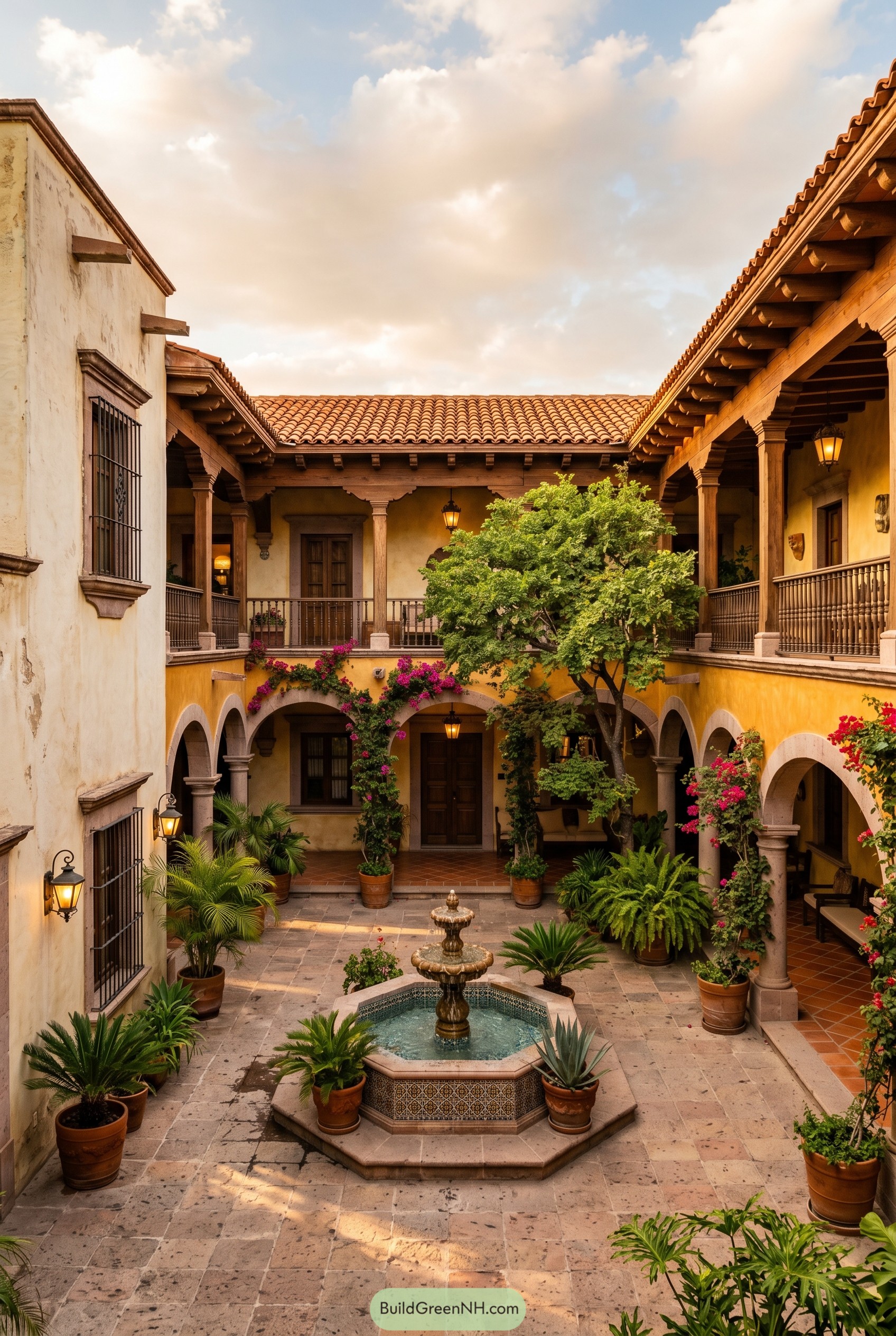 Two story courtyard house with fountain