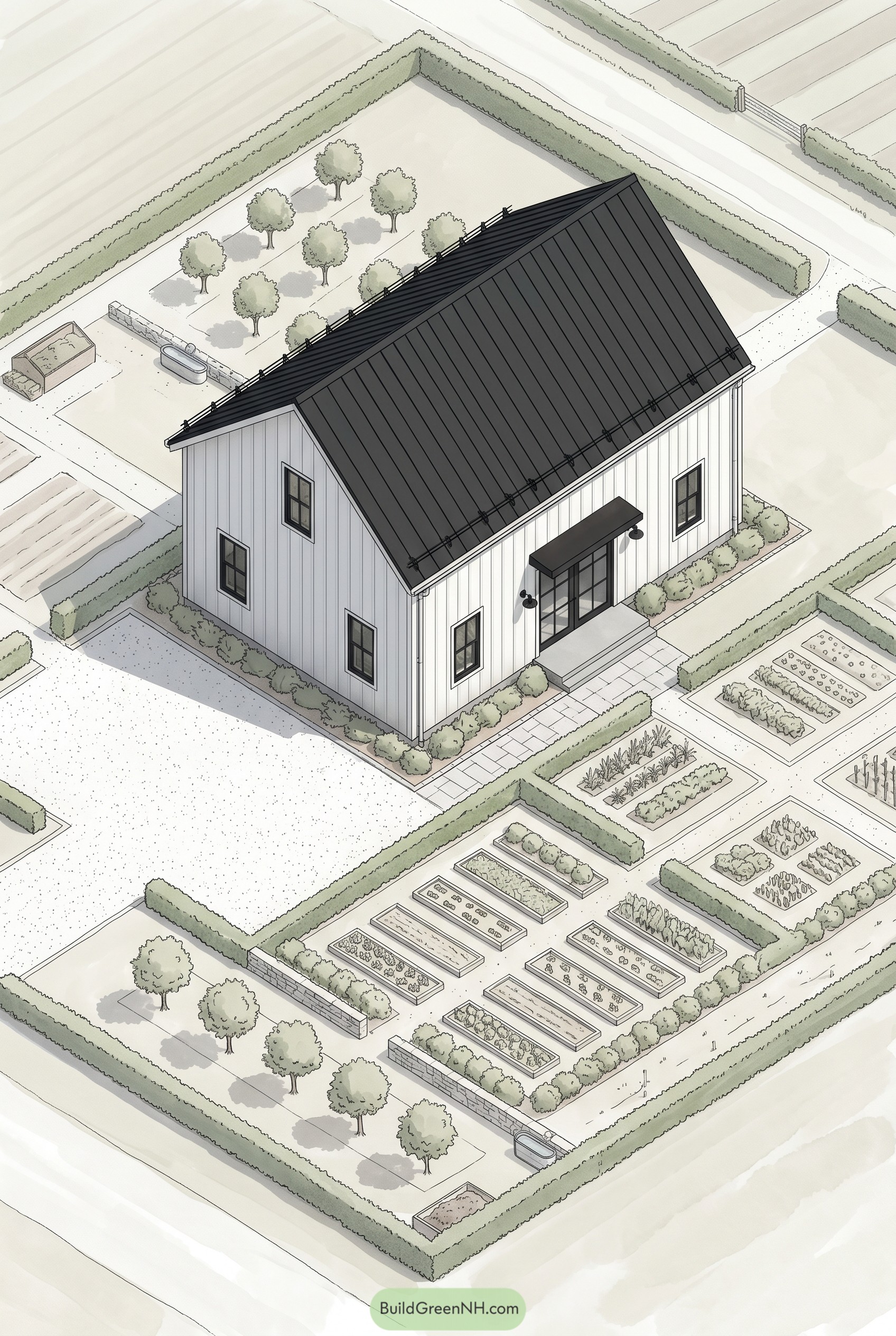 White barndominium with black roof and garden beds