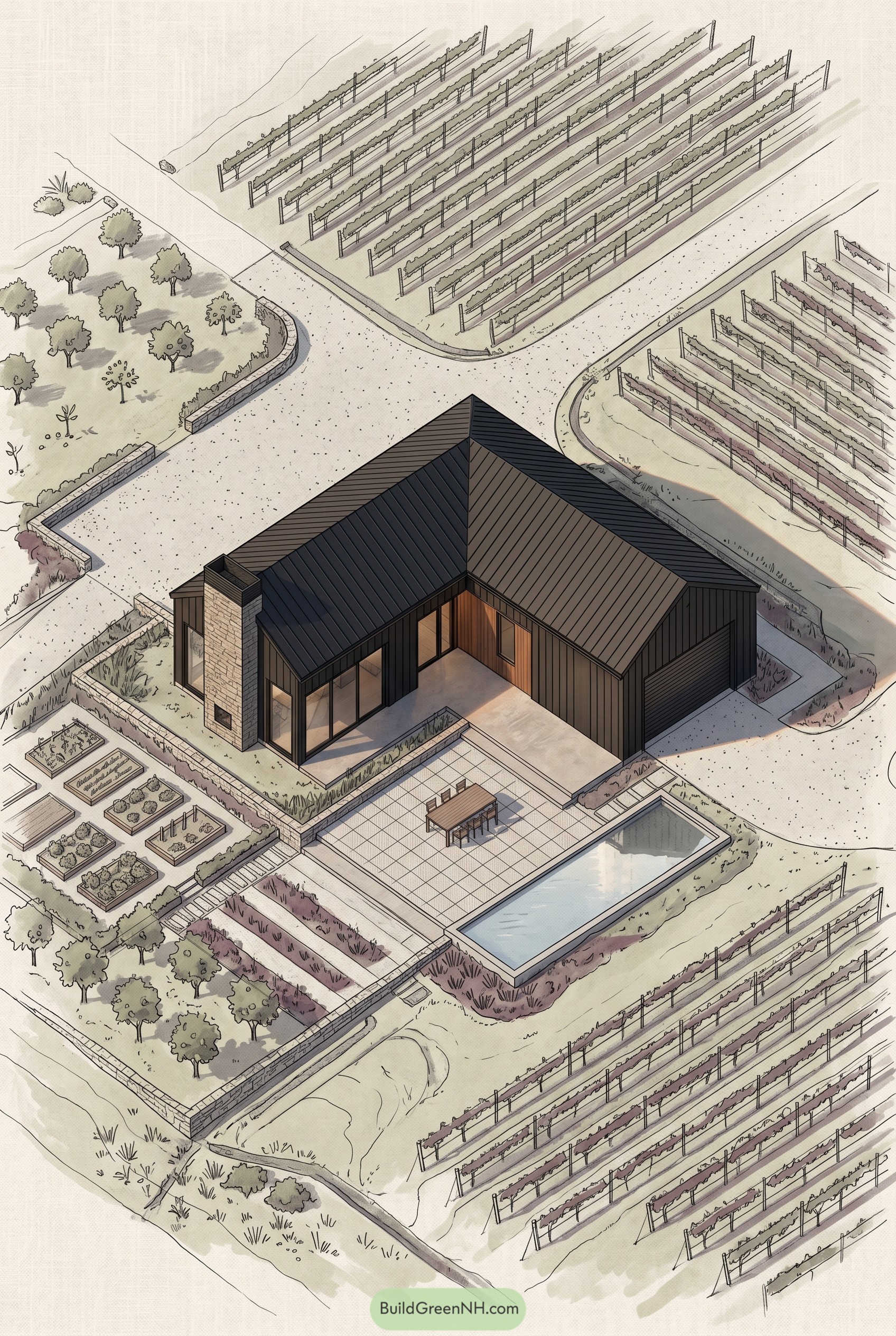 Modern barndominium beside vineyards and pool