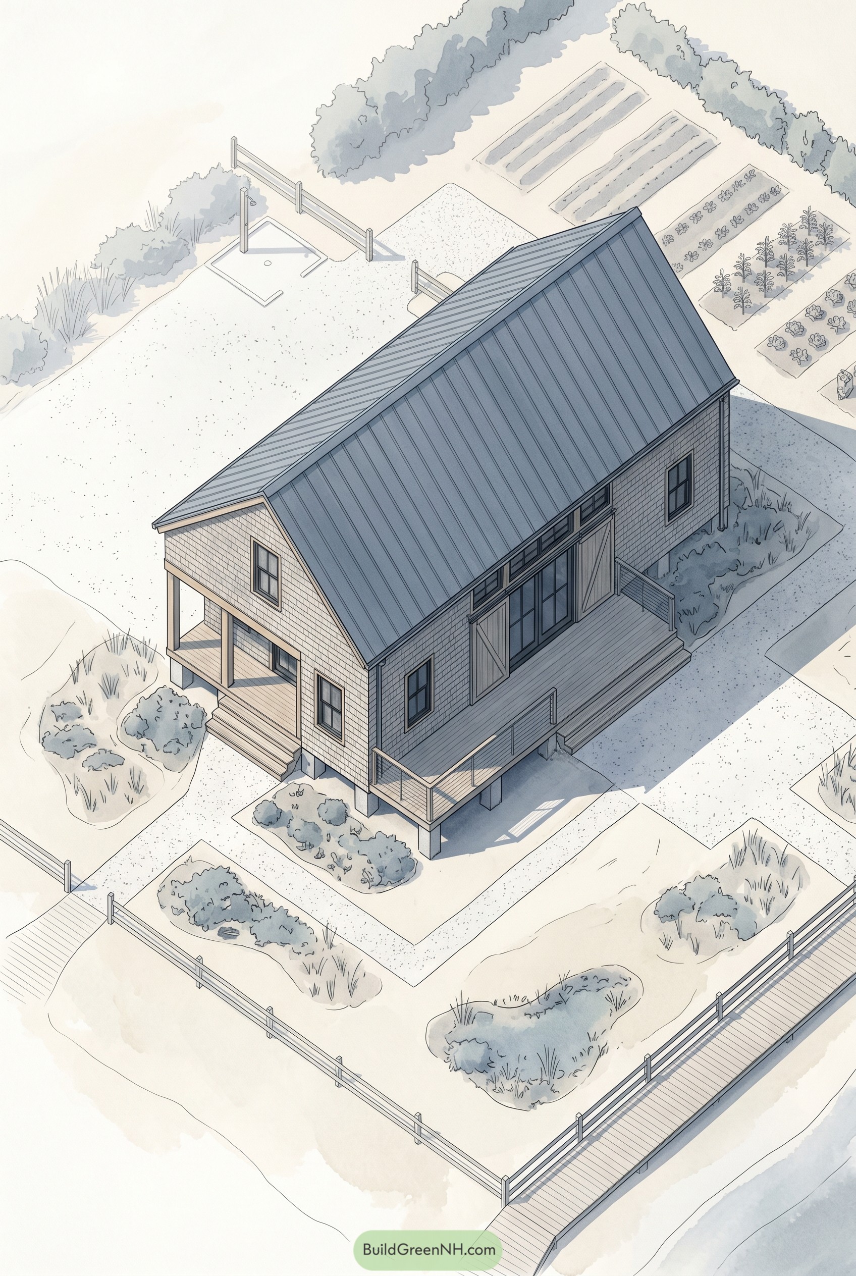 Aerial barndominium with metal roof and garden beds