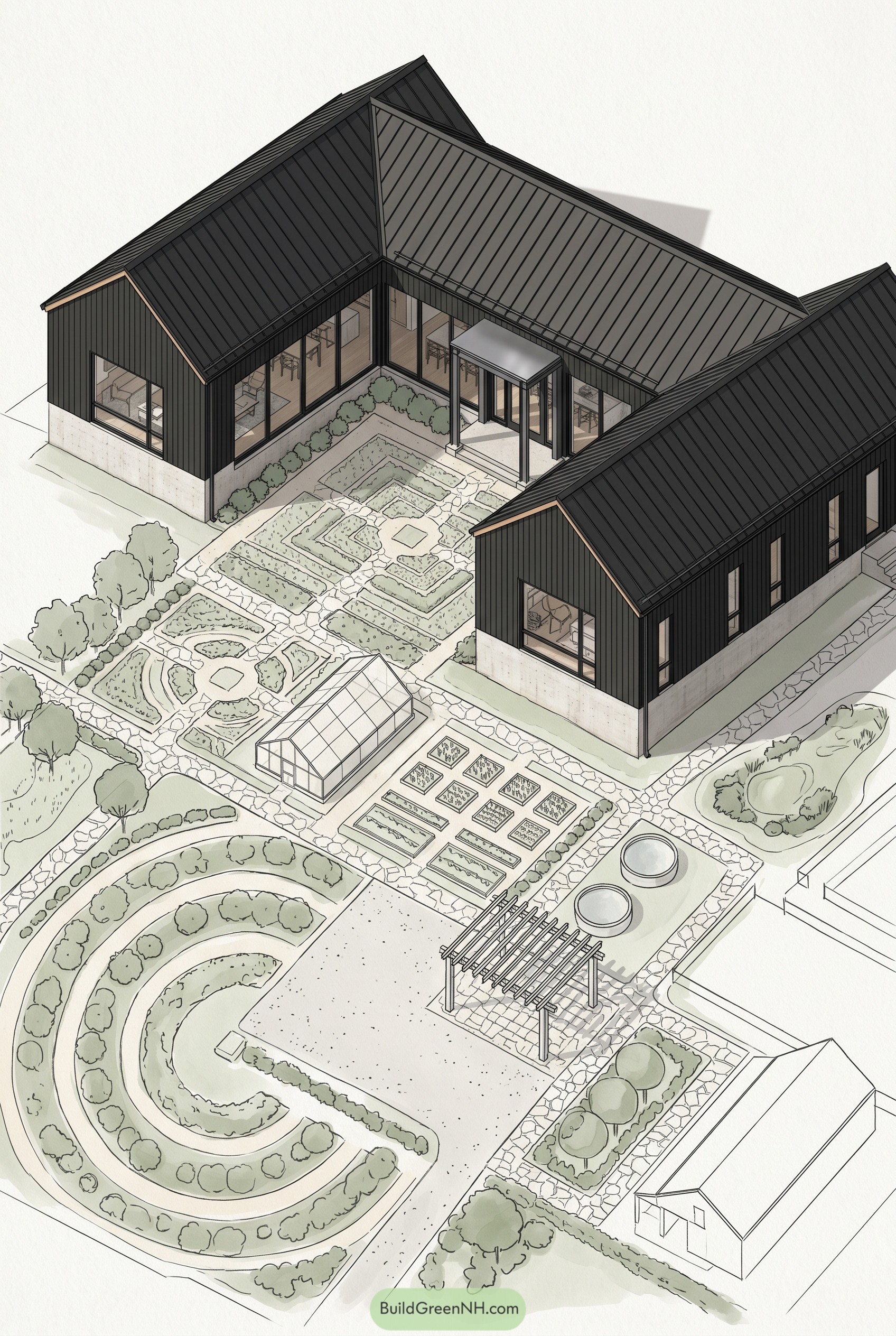 Black barndominium with courtyard gardens and greenhouse