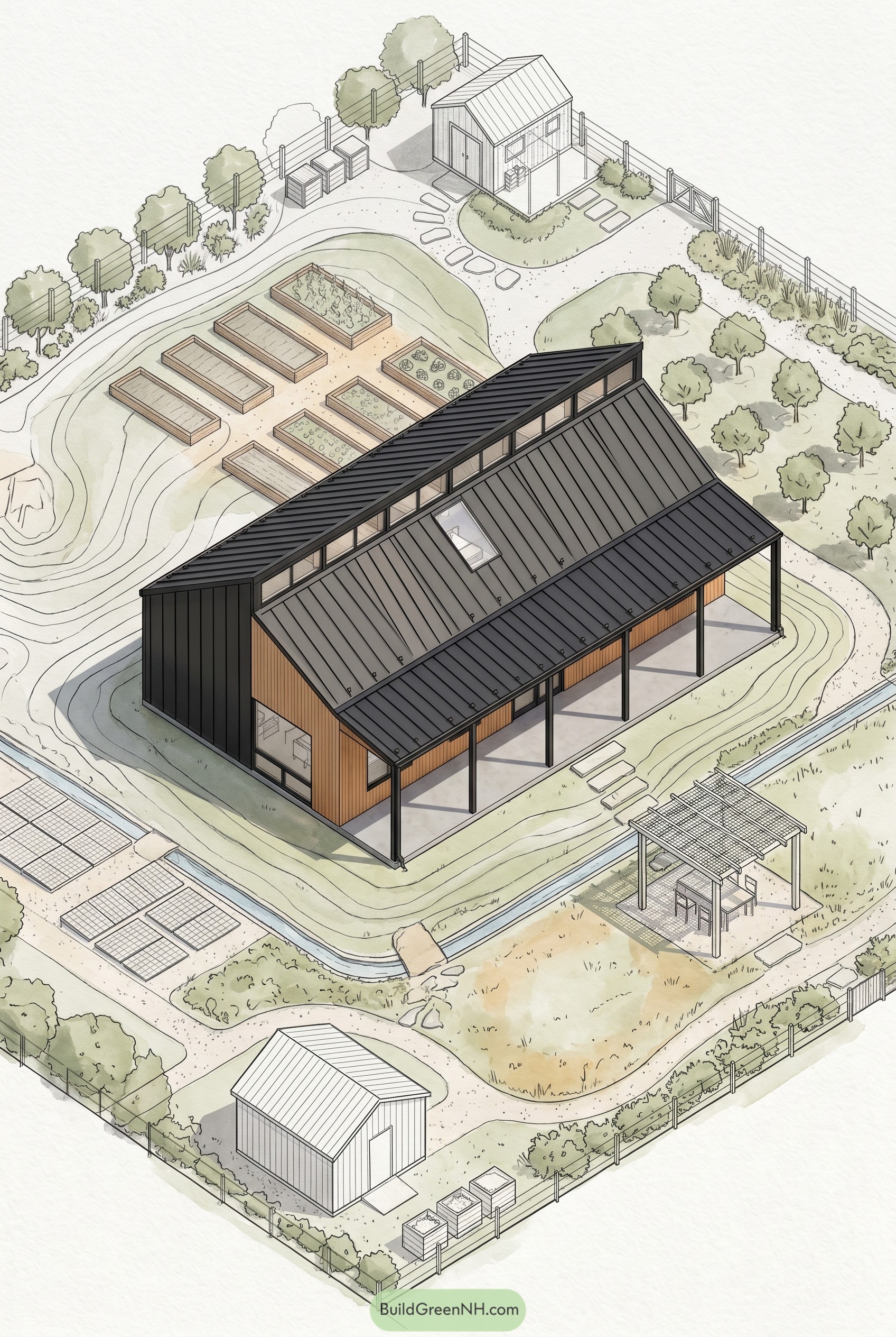 Aerial barndominium plan with gardens and sheds