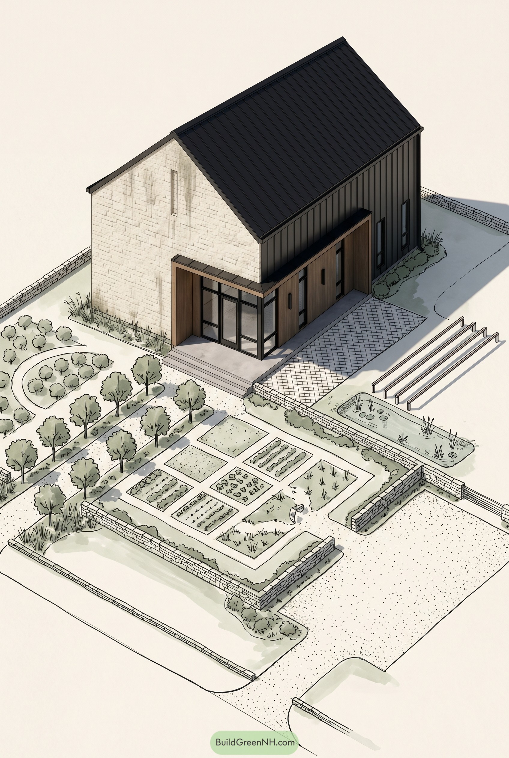 Modern barndominium with black roof, stone wall, and kitchen garden