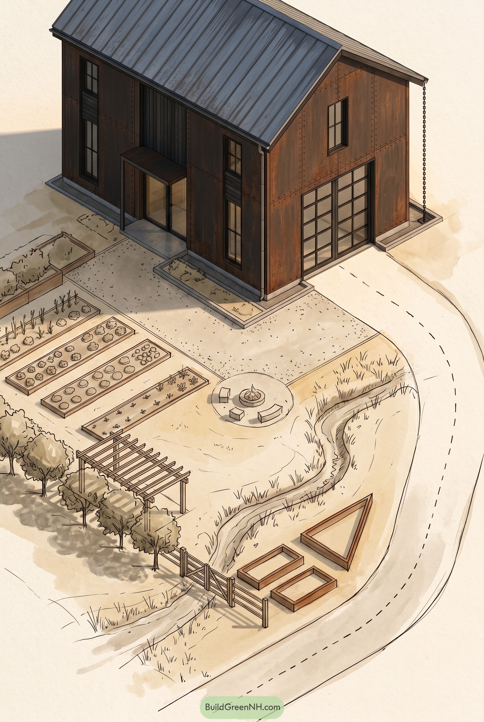 Rust metal barndominium with garden beds